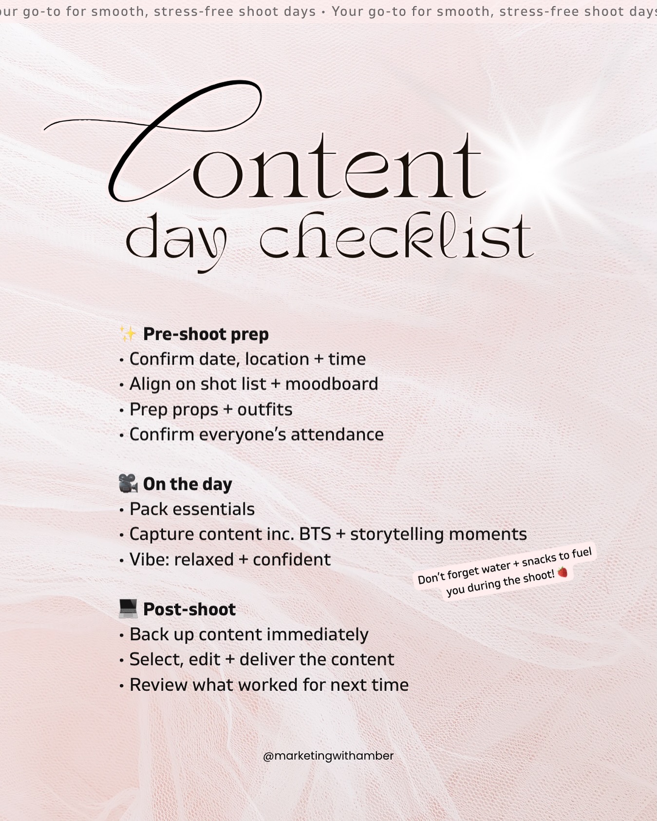 Ready to make your next content shoot smooth, stress-free + seriously aesthetic? 👀
Here’s the exact checklist I use to keep every client shoot running like clockwork ⏰
From planning the perfect shot list to packing your must-haves, this one’s worth a save for your next brand shoot 🩷
Whether you’re a founder wanting your first shoot or a looking to refresh/level up - I’ve only got 1 shoot day spot left this year 📅
DM me “SHOOT” or tap the link in bio to book your session 💌
#marketingwithamber #contentshootchecklist #wellnessmarketing #brandcontentcreator #wellnessfounder #socialmediatips