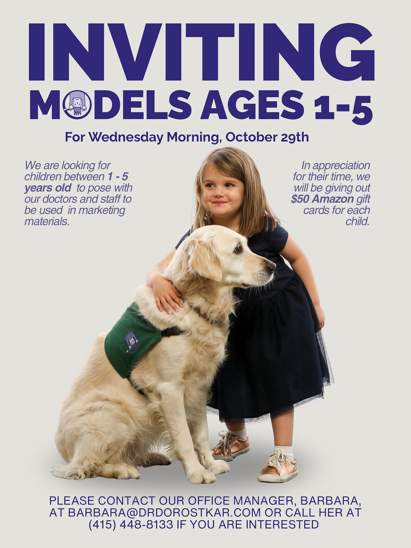 ✨ We’re looking for little stars! ✨
Our team is inviting children ages 1–5 to model alongside our doctors and staff for upcoming marketing materials.
📅 When: Wednesday morning, October 29th
🎁 Thank you gift: Each participating child will receive a $50 Amazon gift card
📞 To participate:
Please call or email Barbara (our office manager) — do not DM us!
📧 barbara@drdorostkar.com
📱 (415) 448-8133
We can’t wait to see those smiles! 💙
#DrGilaDDS #PediatricDentist #MarinMoms #MarinKids #ModelCall #DentalCareWithHeart