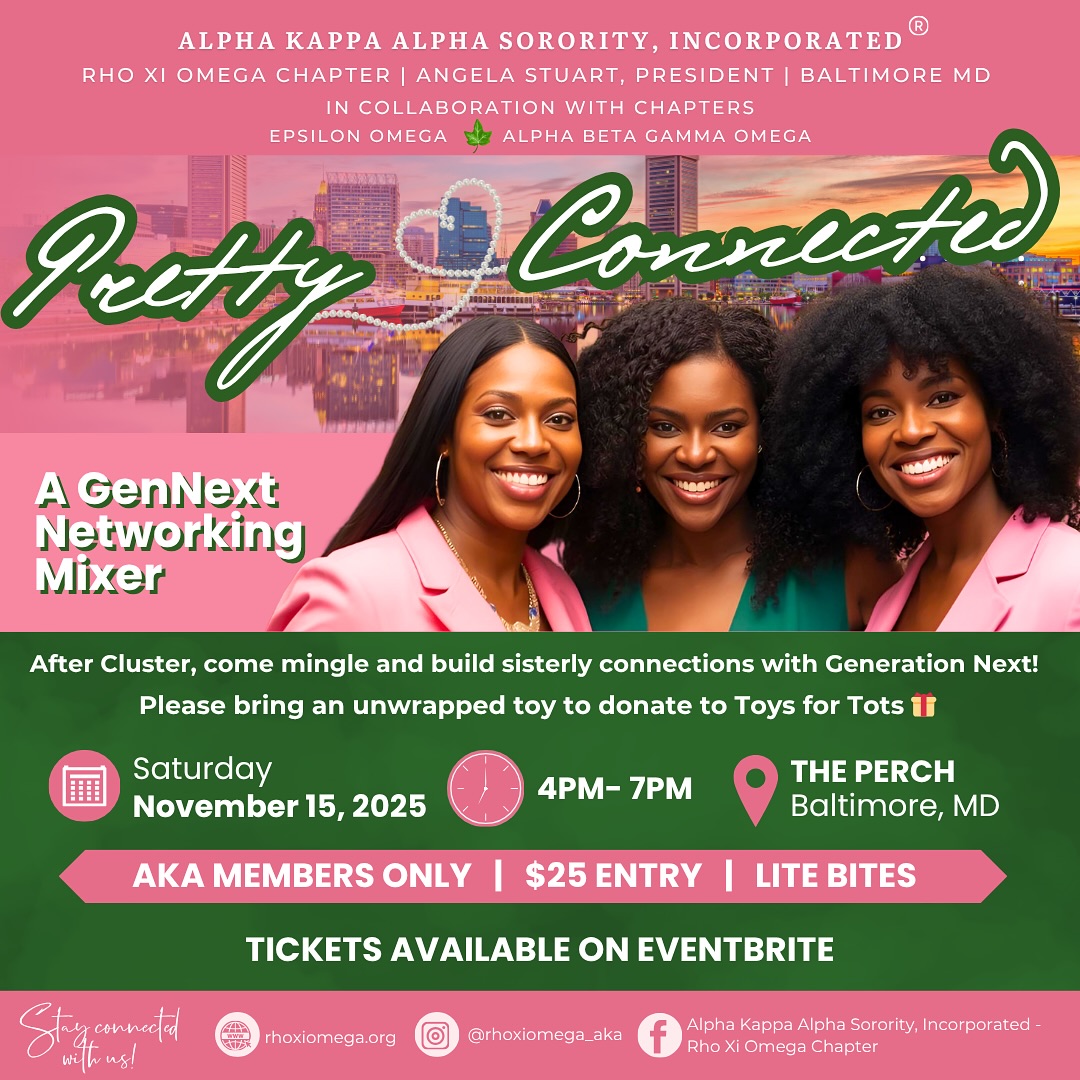๐ฃCalling ALL Cluster 1 Sorors! After Cluster, keep the good vibes going! ๐๐ Join our GenNext Committee for Pretty Connected, a fun and fabulous networking mixer at The Perch in Baltimore.
Saturday, November 15, 2025
4 PM โ 7 PM
๐๏ธ Tickets available now on Eventbrite!
Come mingle, laugh, and build sisterly connections that last beyond the weekend! โจ
#RhoXiOmega #GenNext #AKASisterhood #NetworkingEvent #PrettyConnected