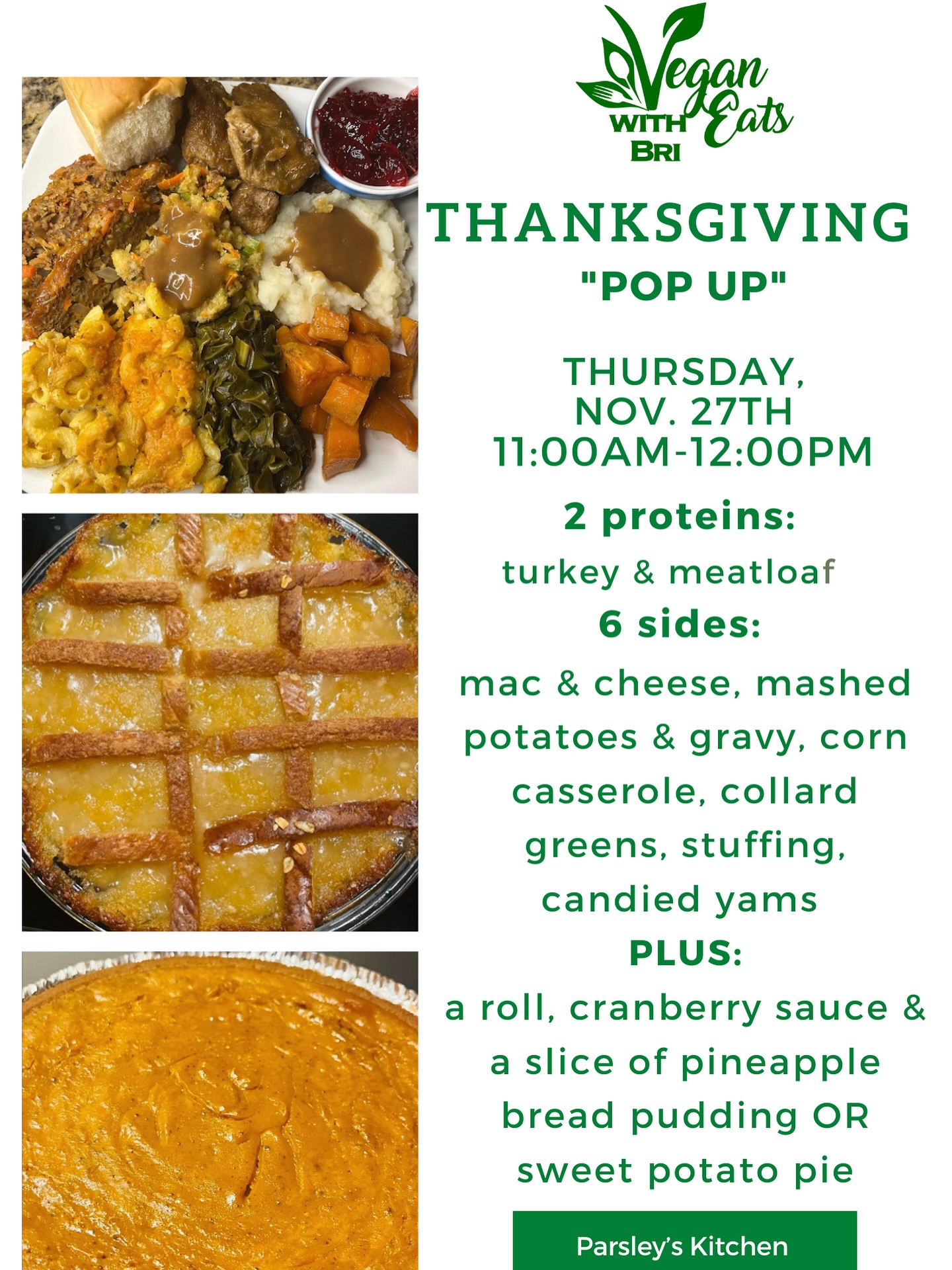 Pre-order is open for my 5th annual Thanksgiving pop-up!! So excited to host this pop up again and provide vegans and non-vegans the best, most hearty, classic Thanksgiving meal!!🥘 The meal comes with:
2 proteins:
Fried Turkey
Meatloaf
6 sides:
Mac & Cheese
Collards
Candied Yams
Corn casserole
Stuffing
Mashed Potatoes & Gravy
Extras:
Cranberry Sauce
Roll
Dessert:
Choice of Pineapple Bread Pudding or Sweet Potato Pie
You must pre-ordered this meal in advance and then pick up on Thanksgiving day between 11 AM and 12 PM. Share with your friends and family & get your order in before it sells out!! Link in bio to order!
#veganeatswithbri #veganfoodservice #rvavegans #rvapopup #thanksgiving#veganthanksgiving #rvavegans#veganmeatloaf #rvavegan #veganfood #lentilloaf #thanksgivingmeal #meatloaf #glutenfree #glutenfreeandvegan