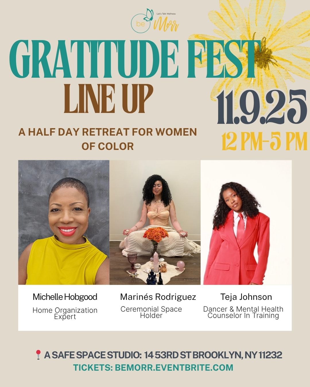 ✨ Meet Your Gratitude Fest Facilitators ✨
We’re thrilled to introduce three incredible women who will be leading us in healing, movement, and transformation at this year’s Gratitude Fest happening in @asafespacestudios
💫 @its.m.hobgood , founder of The @thetidytrainer, helps overwhelmed women transform their spaces — and their lives — by turning home care into an act of compassion rather than comparison.
🌕 @praypartyrepeat is a Ceremonial Space Holder and Transformational Healer who blends Reiki, Sound Healing, and Hypnosis to help others rewrite their stories and step into their most empowered selves.
💃🏽 Teja, Dancer and Counselor in Training at be Morr, finds freedom through dance and movement. She’ll guide us in a fun Zumba routine to help you embrace joy through intentional motion.
Every detail of Gratitude Fest is designed to help you slow down, reconnect, and pour into your cup alongside community. 🧘🏾♀️
🎟️ Tickets are available now — don’t wait to claim your spot for this half-day retreat experience in Brooklyn!
Grab your ticket today by clicking the link in the bio.
Stay tuned — next week we’ll be spotlighting some of the amazing vendors who will be joining us! ✨
#GratitudeFest #WellnessRetreat #BeMorr #CommunityCare #WomenofColorWellness #BrooklynEvents