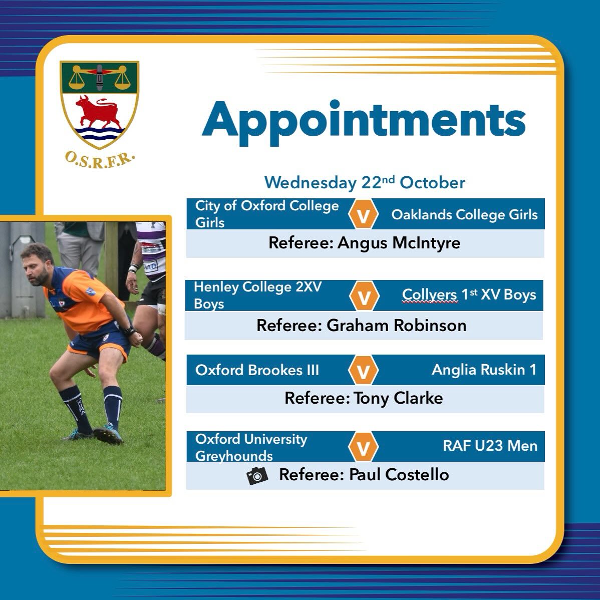 Another bye week for the Men’s leagues, so we have more weekday appointments than Saturday for now and a few treats in store for the Sunday matches when we hope to field some #Teamof3 appointments… but more of that later in the week once we’ve had the appointments confirmed.
#keepyourbootson #bepartoftheteam🌹 #whistleblowers #takeupthewhistle
@oburfcmen @ourfc_blues @gosfordallblacks @oxfordquins