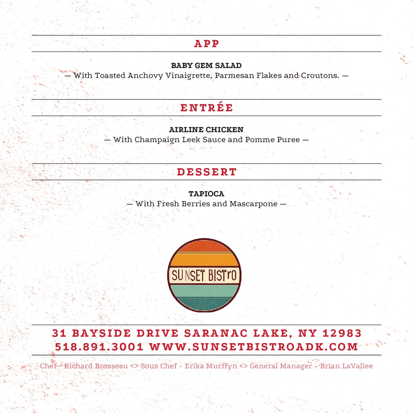 Here is our Locals Night offering for 10/20. As always, feel free to order off of our regular menu as well. Drink specials at the bar! Reserve your seat now.
www.sunsetbistro.com
518.891.3001