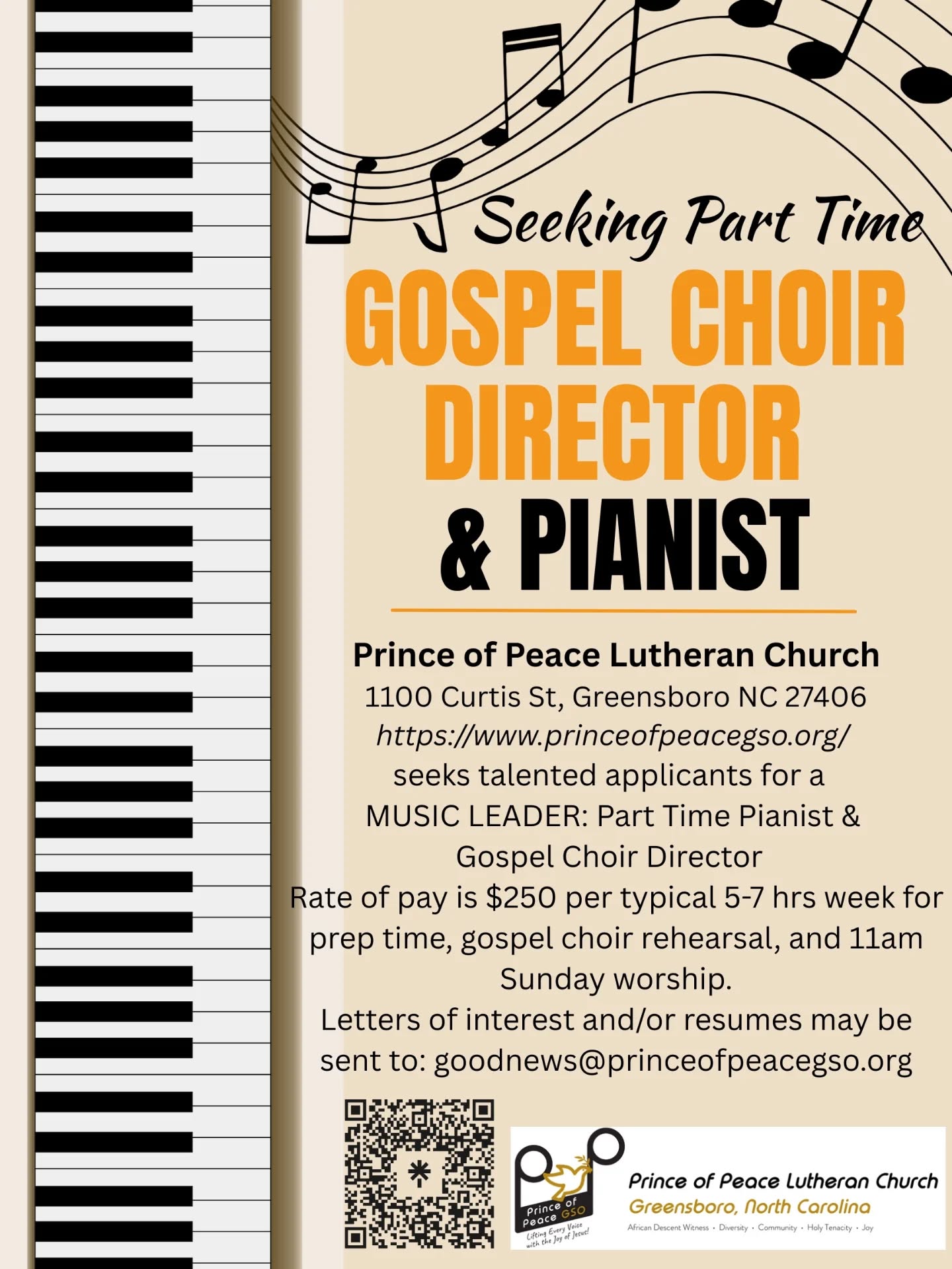 We are seeking a part-time music leader to play for Sunday worship and direct the Gospel Choir. Please share with those who may be interested and qualified. Learn more about us at https://linktr.ee/POPLC.GSO in the bio.