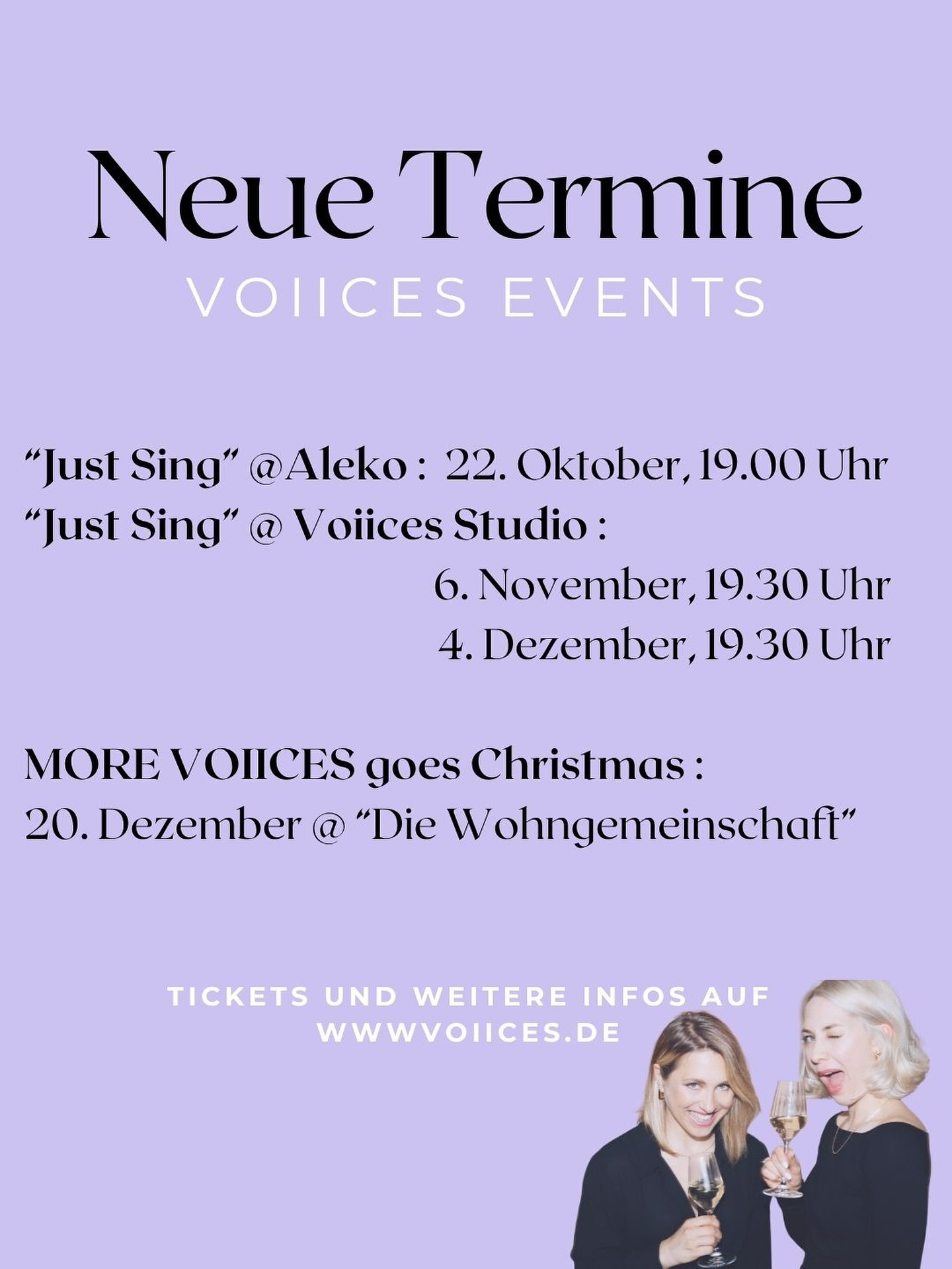 Hallo ihr lieben Leutchen,
Hier kommen noch mal ein paar Termine für euch.
Für Kurzentschlossene: Heute abend findet in Köln Ehrenfeld „Just Sing“ statt und dafür gibt’s noch Tickets! ☺️
Für alle anderen Events schaut gerne auf unserer Website vorbei.
Alle regelmäßigen Kurse, wie Yoga, Sound Baths und auch „Just Sing“, findet ihr bei Klassen & Kurse auf www.voiices.de
Wir freuen uns auf euch! 🤩👏🏼
Für Schnupperstunde und weitere Goodies, meldet euch gerne per DM bei uns, und werdet Teil unserer Community!
Verena & Helen
🍋 🍃