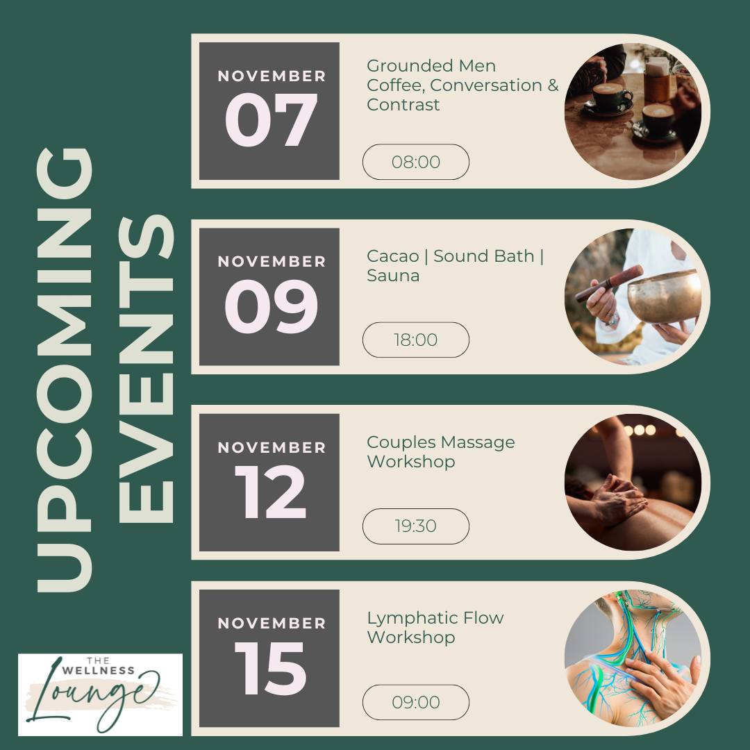✨ November at The Lounge ✨
Our month is packed with grounding, connection and recovery — from men’s circles and cacao sound baths to guided contrast and massage workshops.
💆♀️ Couples Massage Workshop – almost sold out!
If you’ve been meaning to grab a space, this is your sign — it’s the perfect evening to unwind, reconnect and learn hands-on techniques you’ll both love.
🗓️ Upcoming dates:
☕ 7 Nov – Grounded Men: Coffee, Conversation & Contrast
🔔 9 Nov – Cacao | Sound Bath | Sauna
💆 12 Nov – Couples Massage Workshop
💧 15 Nov – Lymphatic Flow Workshop
Book via the link in bio or on our website 💚
#cardiffwellnesslounge #wellnessevents #cardiffevents #massagelounge #contrasttherapy #soundbath #couplesmassage #holistichealing #cardifflife