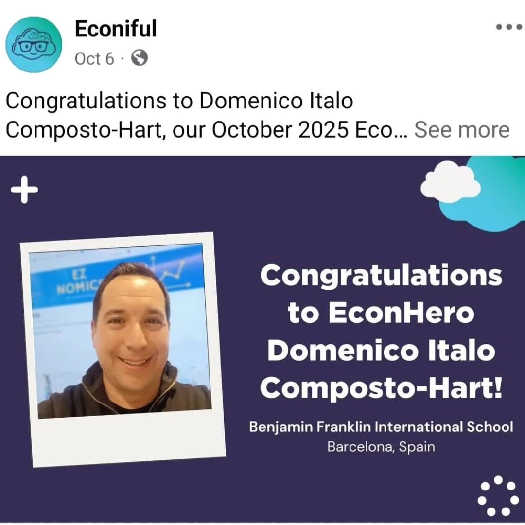 I'd like to share that I've been named Econiful's ( @econiful_ ) EconHero Educator for October 2025 ( October is National Economic Education Month in the U.S. ) !
A huge thank you to the @econiful_ team for recognizing my work in developing EZ NOMICS, my YouTube channel ( youtube.com/eznomics ) dedicated to helping IB Economics students and educators worldwide.
What started as a COVID lockdown project has now grown to over 260 video tutorials (and counting!) - and it's been an enriching journey, seeing students from over 80 nations engage with the content.
It's been a fantastic year, as EZ NOMICS was also shortlisted for the Tes ( @tesforteachers ) Awards for International Schools 2024 in the Best Use of Technology category.
I am grateful for the support of my students, colleagues, family, and the Benjamin Franklin International School ( @bfisinternationalschool ) community.
Let's keep making economics accessible and fun!
#ibeconomics #ibecon #econiful #econhero #nationaleconomiceducationmonth #econ #economics #eznomics #econedmonth #econedinaction #economiceducation #ibeducator #globallearning #bfis #bfisinternationalschool