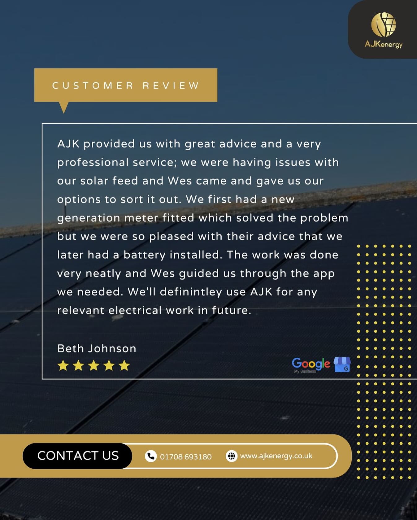 ⭐️ Five Star AJK review ⭐️
Thank you to Beth for her glowing review.
Every review means so much to us. If you’ve had work done by us then we would love to hear your thoughts too.
#review #customerreview #ajkenergy #energy #solarpv
