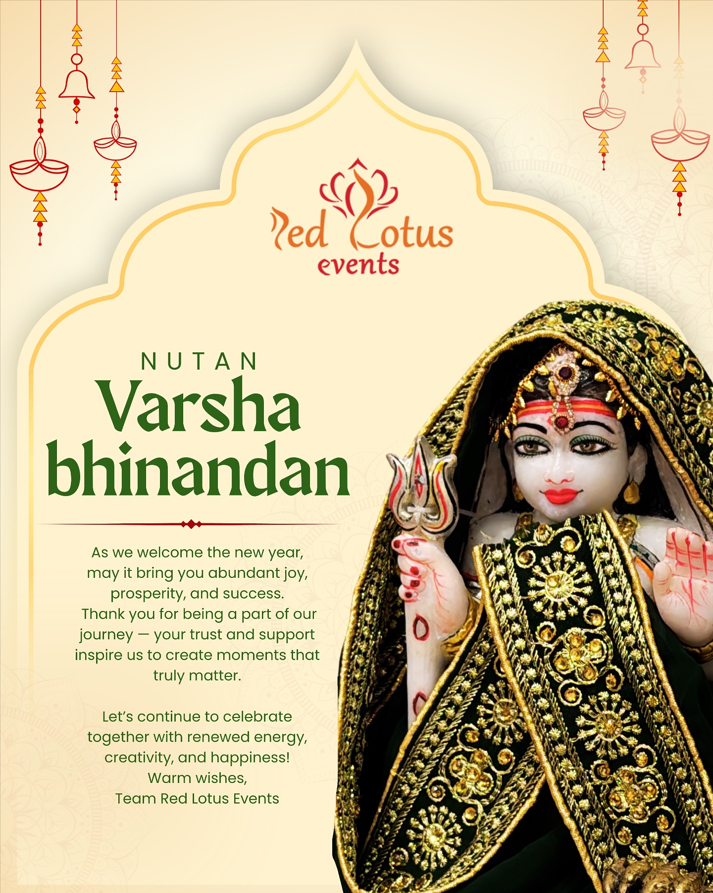 Nutan Varsha bhinandan 🌸
As we welcome the new year, may it bring you abundant joy, prosperity, and success. 🤩🔱
Thank you for being a part of our journey - your trust and support inspire us to create moments that truly matter.
Let’s continue to celebrate together with renewed energy, creativity, and happiness! ❤️
Warm wishes,
Team Red Lotus Events 🪷