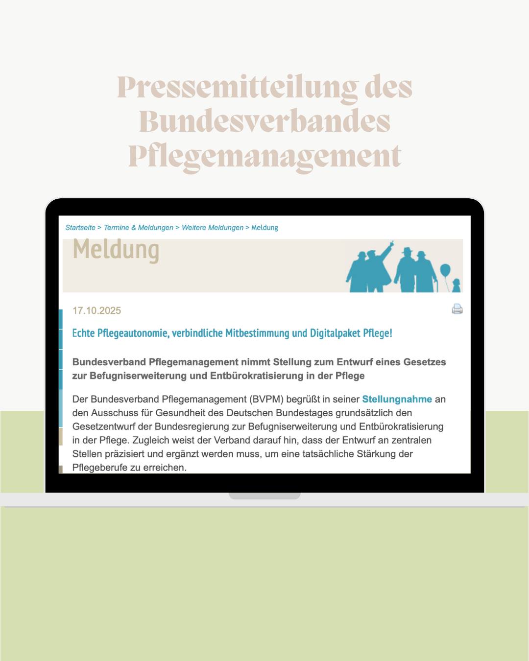 Echte Pflegeautonomie braucht Mut zur Veränderung.
Der Bundesverband Pflegemanagement hat in seiner aktuellen Stellungnahme zum Gesetzentwurf zur Befugniserweiterung und Entbürokratisierung in der Pflege deutlich gemacht:
Pflege darf nicht länger auf eine reine Ausführungsrolle reduziert werden – sie braucht klare Verantwortung, verbindliche Mitbestimmung und digitale Strukturen, um im Gesundheitssystem wirksam zu werden.
Pflege ist kein Anhängsel ärztlicher Diagnostik, sondern eine eigenständige Profession mit eigener Verantwortung, eigenen Aufgaben und einer klaren Versorgungslogik“, erklärt Sarah Lukuc, Vorstandsvorsitzende des Bundesverbands Pflegemanagement.
Wir teilen diese Haltung:
Nur wenn Pflegefachpersonen ihre Kompetenzen selbstbestimmt und rechtlich abgesichert einsetzen können, lassen sich Versorgungsqualität, Patientensicherheit und die Attraktivität des Berufs langfristig stärken.
Die vollständige Stellungnahme des BVPM findet ihr hier:
👉https://www.bv-pflegemanagement.de/meldung/items/820.html
#pflegeautonomie #pflegemanagement #businessacademymarburg #bvpflegemanagement #pflegepolitik #gesundheitssystem #sarahlukuc #pflegeberufe #pflegezukunft