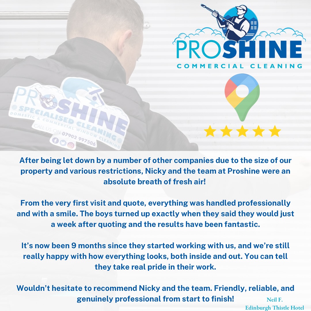 Please check out this fantastic review we received from one of our amazing commercial clients The Thistle Street Hotel in Edinburgh!
We absolutely love reading feedback like this it means the world to our team here at Proshine. 🌟
If you’re looking for a quote of your own, don’t hesitate to drop me a message. We’ll be more than happy to get that sorted for you. 💦
