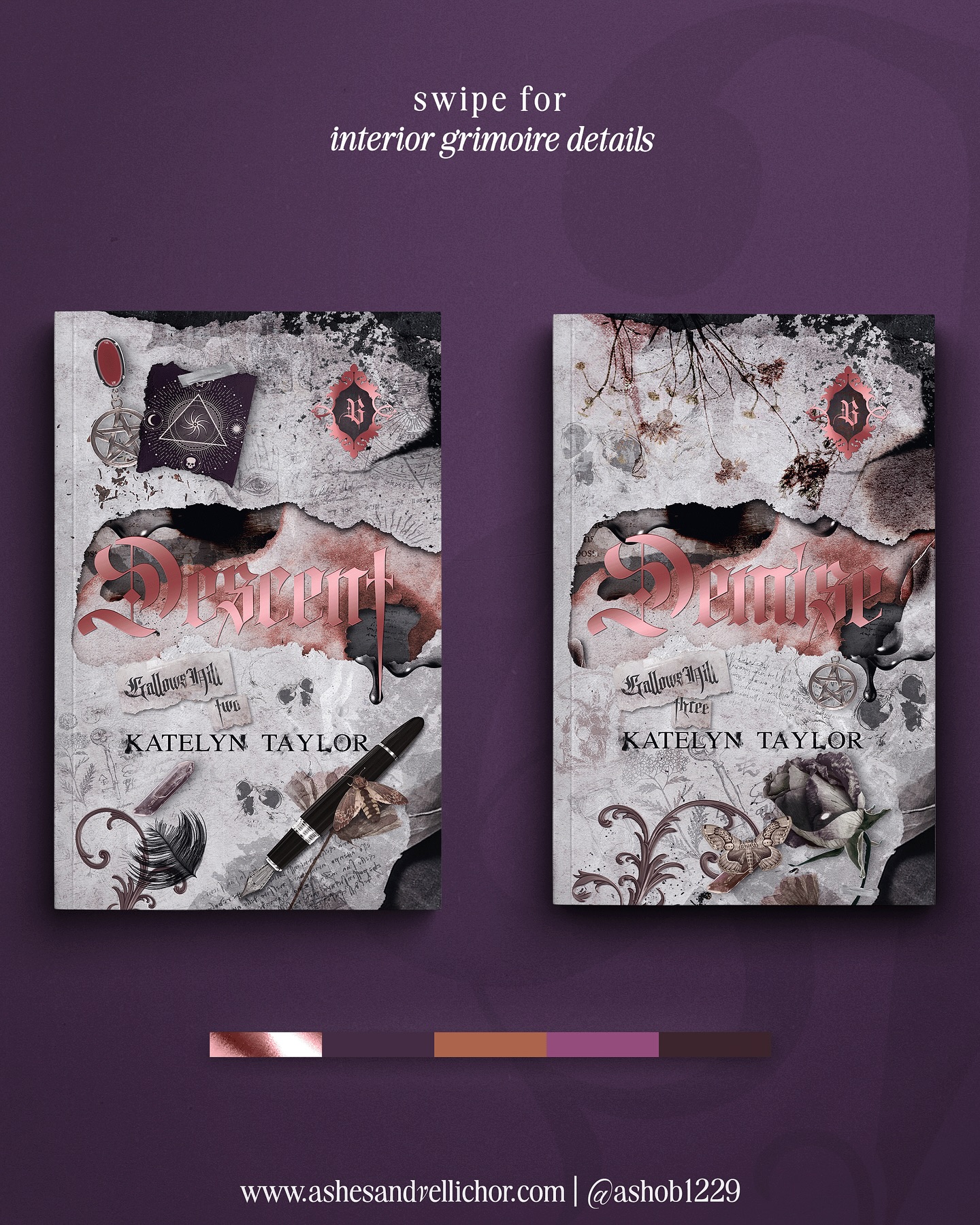 Following up the last post with the last two cover designs for the @the.midnight.bookshelf October Box featuring @katelyntaylorauthor and her Gallows Hill trilogy! These final two designs feature antique style elements in a gradient color theme and continue to be filled withy witchy objects as you go along to symbolize the progression of a real grimoire.
All designs feature the Duplex Foldout Flaps and Interior Character Images along with Pale Copper Metallic Foil.
As a reminder, the Prequel (Black Crest Design) is a signing even exclusive to TMB. Additional details on TMB’s website/social media regarding that.
#Ashesandvellichor #ashesandvellichordesigns #bookcoverdesigns #freelancer #photoshop #graphicdesign #graphicdesigner #bookdesigner #Typography #romancebookcovers #romanceauthors #freelancegraphicdesign