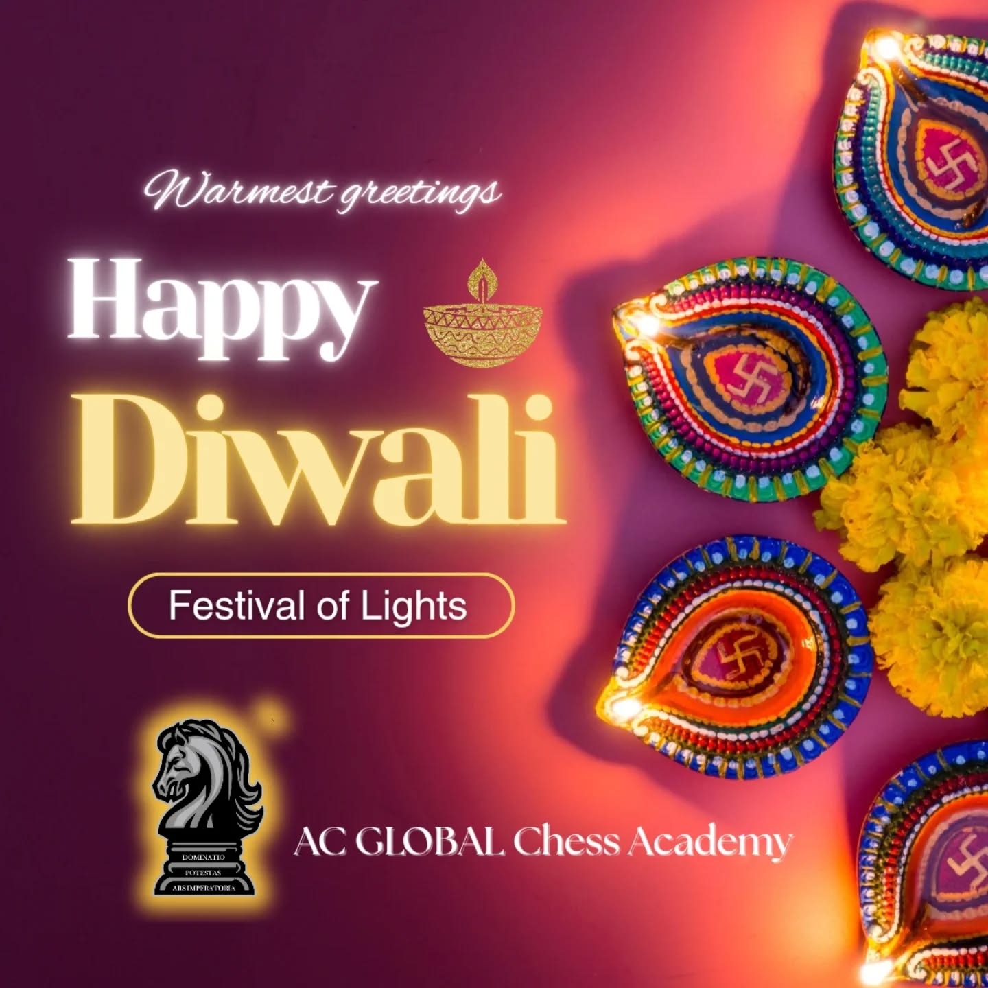 “May your Diwali be as bright as a queen’s gambit — full of bold moves, sharp strategy, and shining victories. Wishing you light on every square!” ♟✨