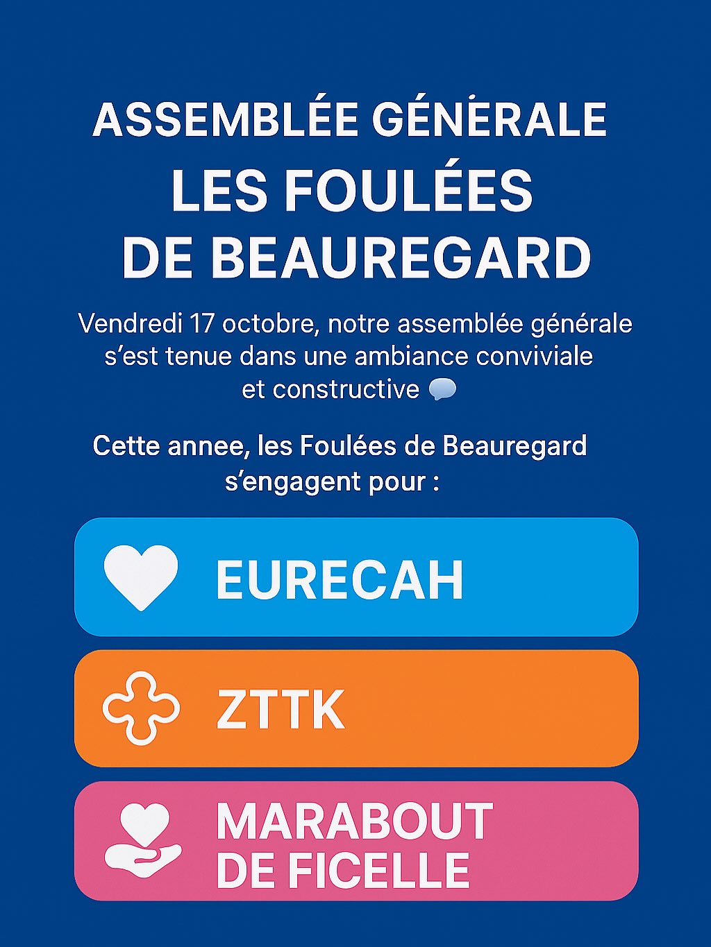 📅 Assemblée Générale 2025 – Les Foulées de Beauregard
Vendredi 17 octobre, notre assemblée générale s’est tenue dans une ambiance conviviale et constructive 💬
Un grand merci à tous les adhérents présents pour leur engagement et leur bonne humeur 🙌
Cette année encore, les Foulées de Beauregard poursuivent leur engagement solidaire ❤️
Les associations retenues pour 2025 sont :
✨ EURECAH
✨ @assozttkfrance
✨ @marabout_de_ficelle_
Trois belles causes que nous aurons à cœur de soutenir tout au long de l’année 🫶
#LesFouléesDeBeauregard #AG2025 #Solidarité #Engagement #EspritClub #CourseAPied #Association #Partage #RunningFamily