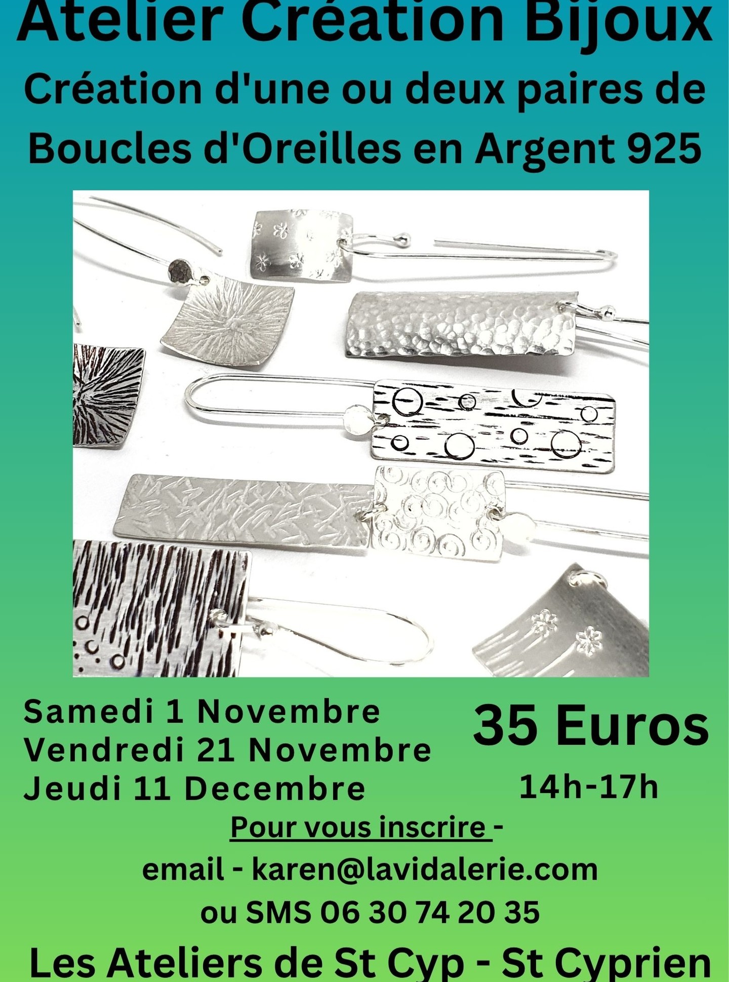 Venez créer 1 ou 2 paires de boucles d'oreilles en argent sterling. 3 dates disponibles, mais elles se remplissent rapidement. Contactez-moi par message, e-mail ou SMS pour réserver ou obtenir plus d'informations. Cadeau idéal pour Noël !
en français et en anglais
Come and make 1-2 pairs of sterling silver earrings, 3 dates available but filling up fast. Message, email or sms me for reservations or more information - Perfect Christmas gift !
#bouclesdoreilles #bouclesdoreillesargent #ateliercreationbijoux #stcypriensurdourdou