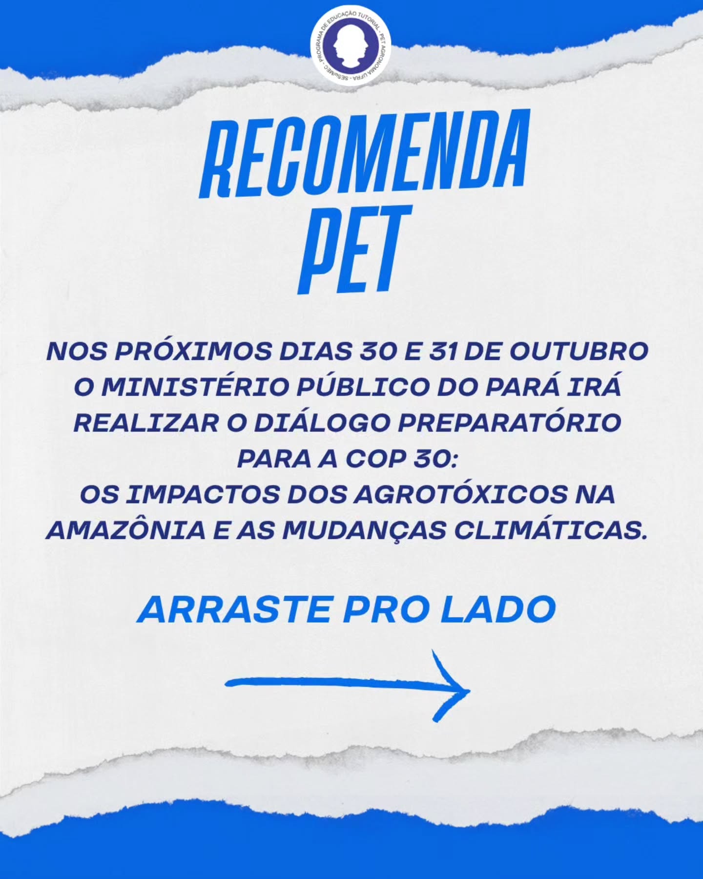 🌿 Diálogo Preparatório para a COP 30 🌍
Nos dias 30 e 31 de outubro de 2025, o Ministério Público do Pará promove o evento “Os Impactos dos Agrotóxicos na Amazônia e as Mudanças Climáticas”, no Auditório Nathanael Farias Leitão (Rua João Diogo, nº 100, Cidade Velha – Belém/PA), com transmissão online no YouTube no canal CEAFMPPA.
O encontro reunirá pesquisadores, autoridades e especialistas para debater os efeitos dos agrotóxicos no meio ambiente amazônico e as estratégias de enfrentamento às mudanças climáticas. A programação inclui palestras com representantes do Instituto Evandro Chagas, MPPA, IDEFLOR-Bio e inpEV.
No dia 31/10, o evento encerra com uma ação simbólica de plantação de mudas, reforçando o compromisso com a sustentabilidade.
🔗 Inscrições até 29/10: ceaf.mppa.mp.br/app/login
🌎 Participe e faça parte desse diálogo pela Amazônia e pelo clima!
#COP30 #AmazôniaViva #MudançasClimáticas #Agrotóxicos #Sustentabilidade #MPPA #CeafMPPA #IdeflorBio #InpeV #FórumAgrotóxicos #MeioAmbiente #AçãoClimática #Belém #AmazôniaSustentável