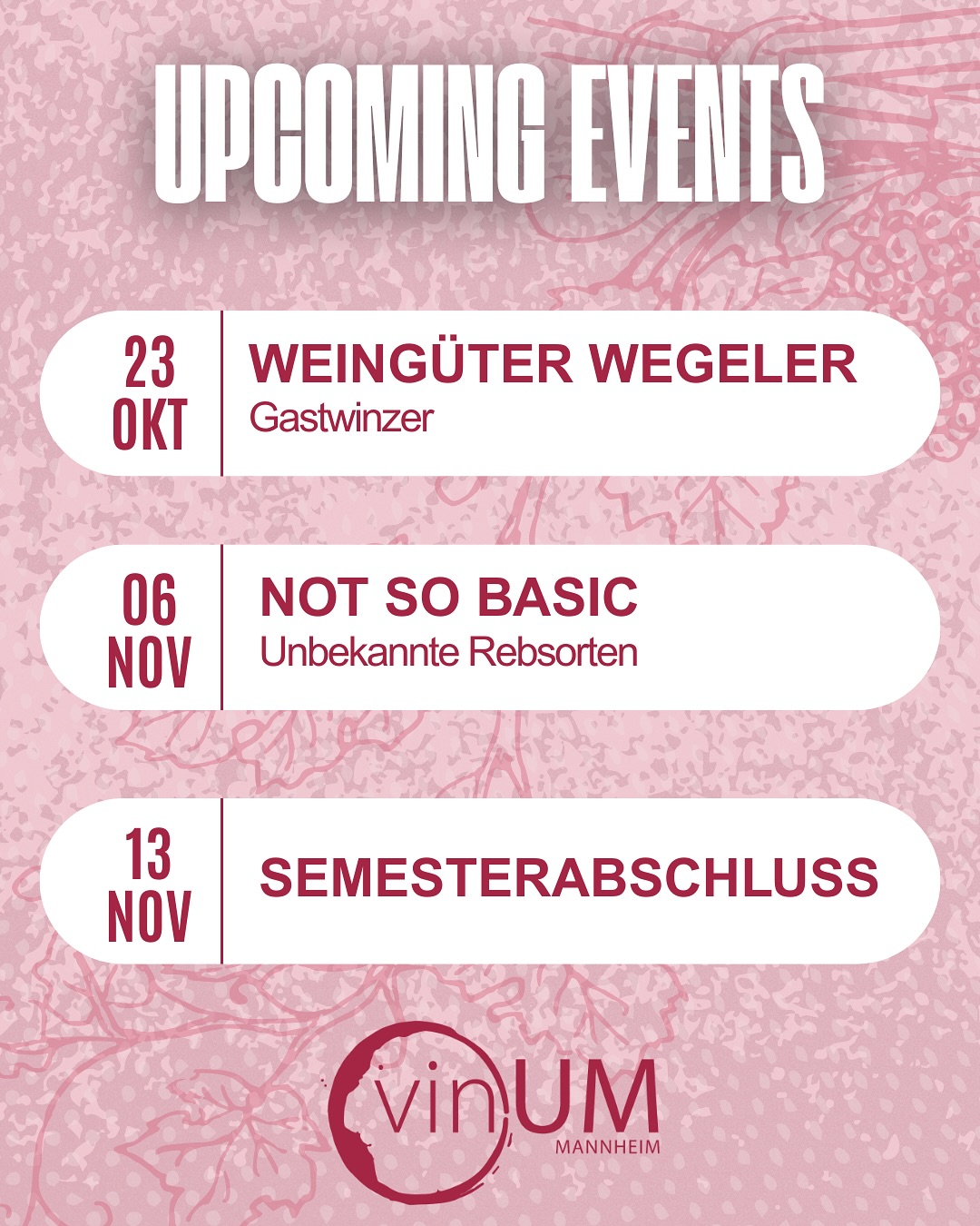 In den kommenden Wochen stehen noch drei weitere coole Events an 🍇!!
🔗 Die Anmelde-Links findest Du immer einige Tage vor dem Event in unserer Story und in unserer WhatsApp-Gruppe.
Sei dabei, probiere tolle Weine und genieße einen entspannten Abend mit uns! 🥰🥂
Eintritt: 13€
Eintritt für Mitglieder: 8€
Wir freuen uns auf Dich!
Cheers, Dein vinUM-Team🍾
——————————————————
#wein #probe #initiative #mannheim #universität #unimannheim #weingut #rebsorten #reben #riesling #2023 #expensive #unbekannt #winelover #unilife #zusammen #genuss #lernen #vinum