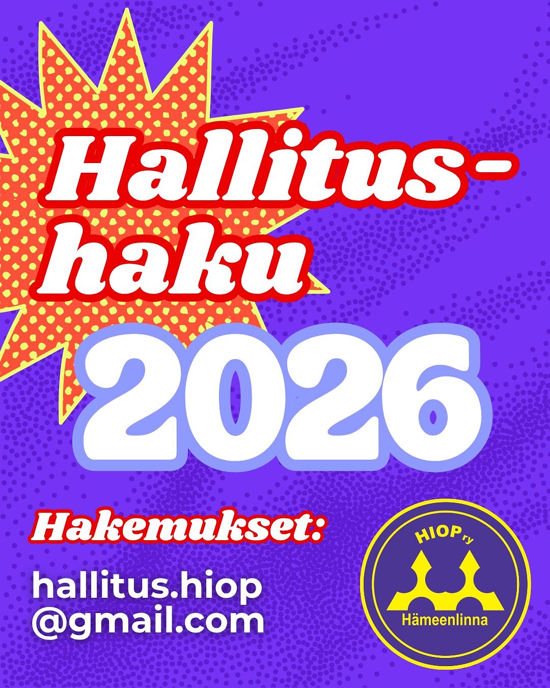 HIOP ry:n hallitushaku vuodelle 2026 on alkanut! đ„ł TĂ€ssĂ€ julkaisussa on muutaman hallituslaisen kokemuksia hallitustoiminnasta sekĂ€ ohjeet hakemista varten.
Hakiessasi sinun ei tarvitse vielĂ€ tietÀÀ, mitĂ€ hallituspestiĂ€ haluaisit hakea, riitÀÀ ettĂ€ sinulla on intoa ja kiinnostusta toimia opiskelijahallituksen jĂ€senenĂ€ ja tuoda oma panoksesi hĂ€meenlinnalaiseen opiskelijakulttuuriin đđ„
Voit hakea hallitukseen lĂ€hettĂ€mĂ€llĂ€ hakemuksen sĂ€hköpostiimme hallitus.hiop(at)gmail.com tai tulemalla paikan pÀÀlle syyskokoukseen. Syyskokous jĂ€rjestetÀÀn 17.11.2025 klo 18.00 HIOP ry:n toimistolla đđ Virallinen kokouskutsu julkaistaan myöhemmin.
Jos sinulla on kysymyksiĂ€ hallitushakuun tai hallitustoimintaan liittyen, voit lĂ€hettÀÀ meille kysymyksiĂ€ Instagramin tai sĂ€hköpostin vĂ€lityksellĂ€, tai kysyĂ€ henkilökohtaisesti keneltĂ€ tahansa hallituksen jĂ€seneltĂ€. Vastaamme kysymyksiin ilomielin đ Julkaisemme myös pestiesittelyt erilaisista hallitukstehtĂ€vistĂ€ erillisessĂ€ postauksessa.
Tervetuloa hallitukseemme! đ