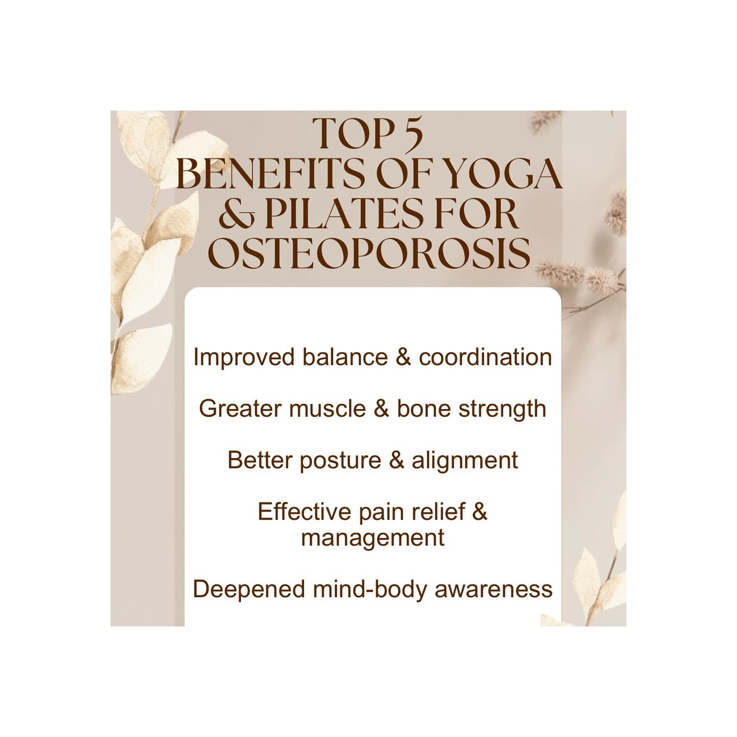 This week is Osteoporosis Awareness week so our classes will be linked to this theme!
In our Pilates classes we will be using weights - get those muscles 💪 ready!
✨ Move for Stronger Bones & a Steadier Body ✨
Yoga and Pilates are gentle yet powerful ways to support your body through every stage of life — especially when it comes to osteoporosis and bone health. 🦴💫
Here’s how these mindful practices help:
🌿 Improved Balance & Coordination — Movement patterns that train stability help prevent falls and keep you feeling confident in motion.
💪 Greater Muscle & Bone Strength — Weight-bearing poses and controlled resistance stimulate bone density and strengthen supportive muscles.
🧘♀️ Better Posture & Alignment — A strong, balanced spine reduces strain and helps you stand taller — literally and energetically.
🌸 Effective Pain Relief & Management — Gentle movement eases stiffness, improves circulation, and supports joint health naturally.
🌬️ Deepened Mind-Body Awareness — Breath, focus, and presence connect you to your body’s needs — empowering you to move with wisdom and care.
Osteoporosis-friendly movement doesn’t have to be limiting — it can be liberating.
Start where you are, move mindfully, and let your practice rebuild your strength from the inside out. 💖
#BoneHealth #OsteoporosisSupport #YogaForWellness #PilatesForStrength #MindBodyConnection #HolisticHealth #MindfulMovement