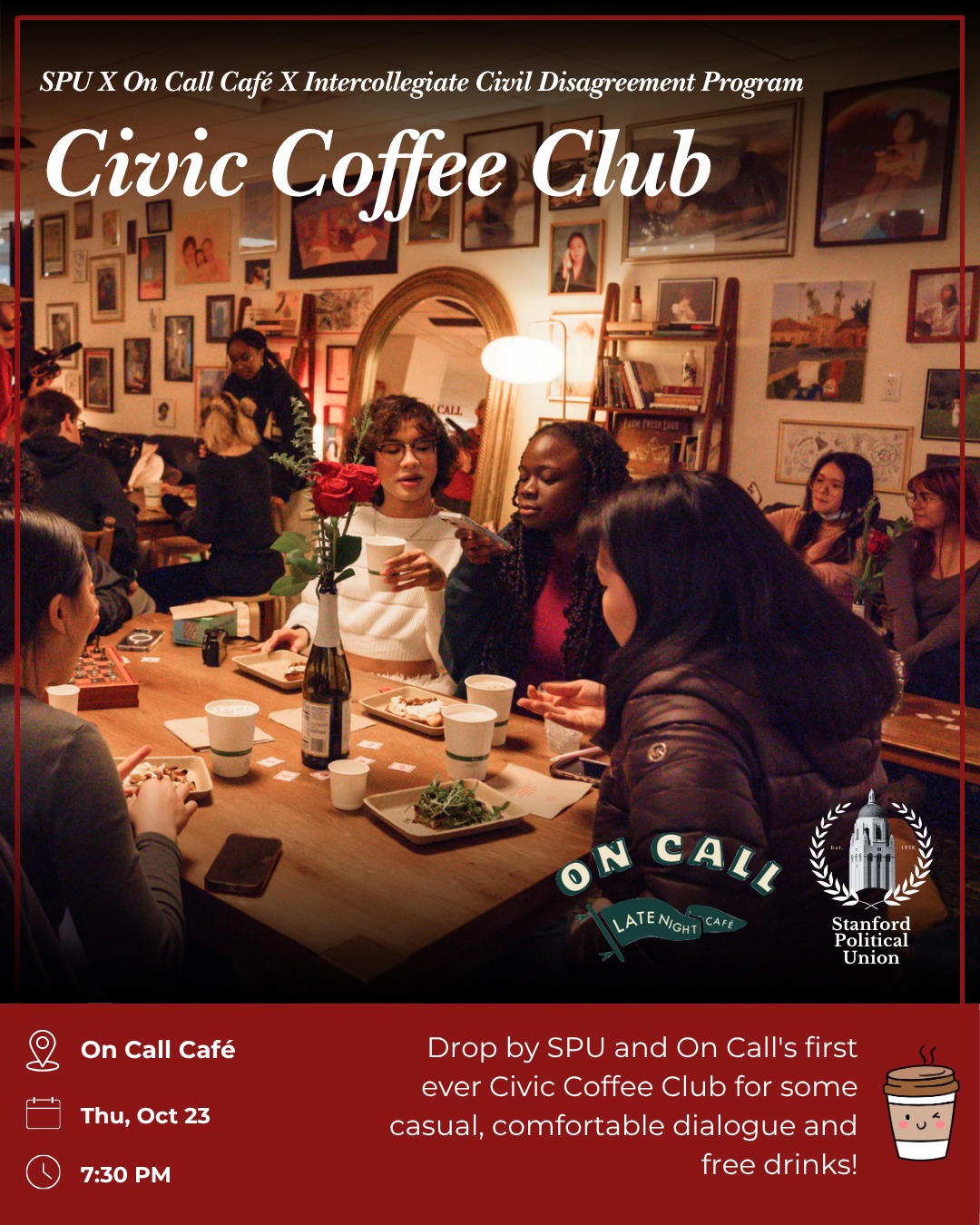Want to talk authentically about things going on in the world, but don't know where or how? Drop by SPU and @oncall.cafe 's first ever Civic Coffee Club for some casual, comfortable dialogue + free drinks while supplies last!