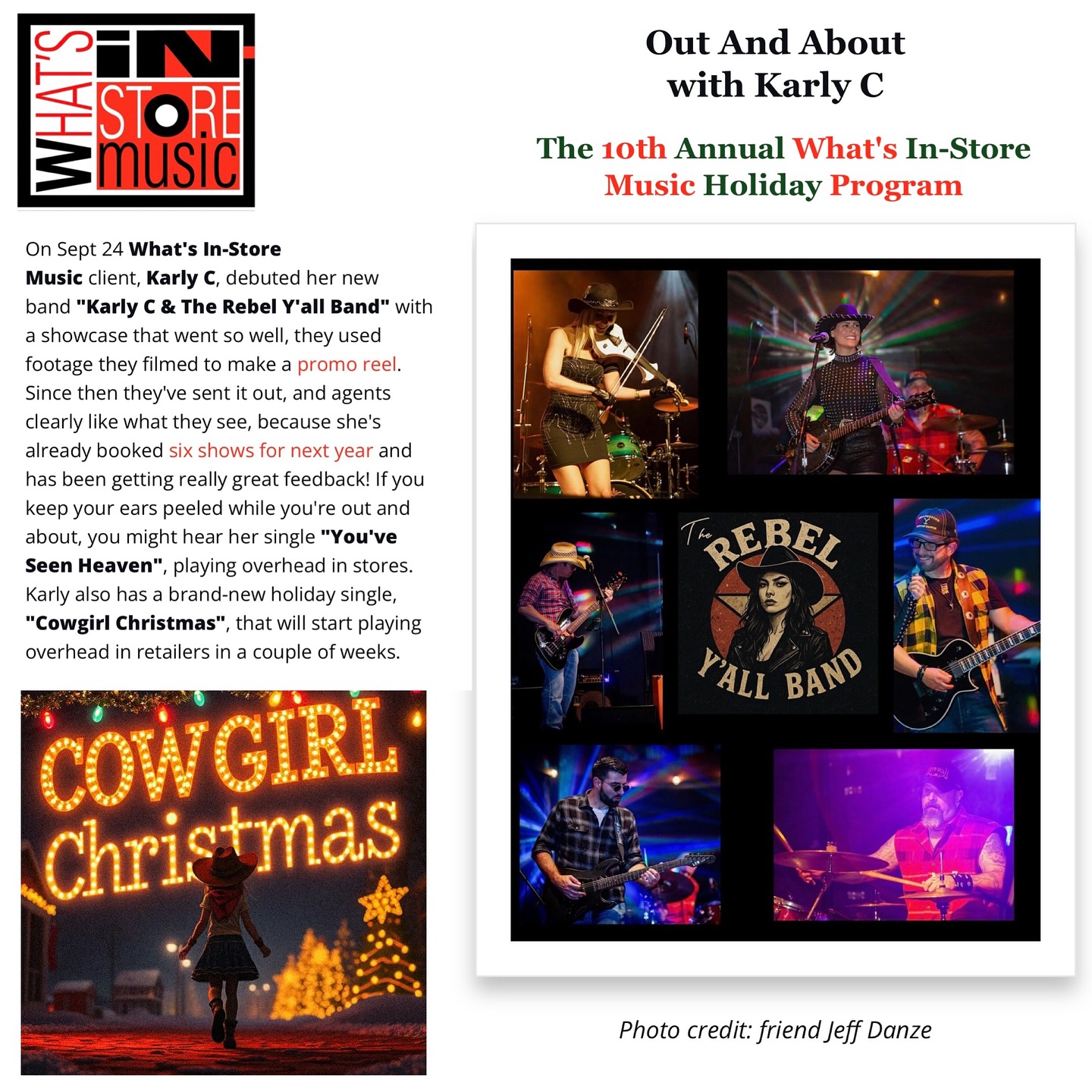 I’m SO excited for everything happening right now, and for everything coming! Starting November 1st, my Christmas song “Cowgirl Christmas” will be playing in stores and on the radio🤯🔥! Thank you Tory Anne Daines of @fairpanic for playing fiddle and adding your magic 🪄 !
And if that wasn’t enough… Karly C & Rebel Y’all Band is making our official debut in 2026! 🤠🎸
We’ve been working hard behind the scenes rehearsing and getting ready to hit the stage!
HUGE thank you to my band for believing in me enough to give this a shot, even when I had no plan and no gigs booked. None of this would be possible without you. 🙏🎶
What’s In-Store Music
📸 Jeff Danze