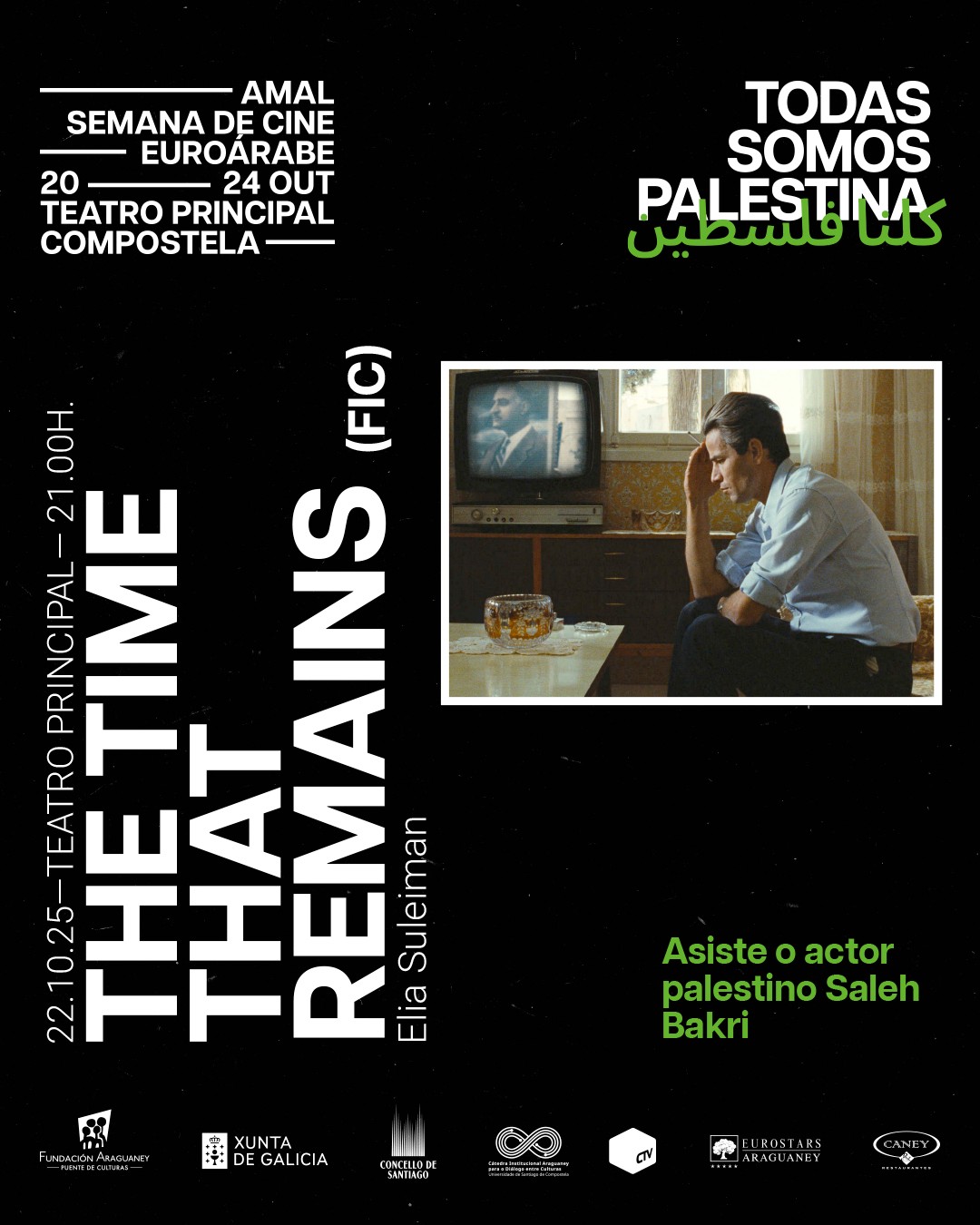 📢 Terceiro filme da XXIII Semana de Cine Euroárabe Amal.
🎞️ The Time that Remains (FIC). Elia Suleiman | 2009 | Palestina | 109’
🗣️ Asiste o actor protagonista @salehbakriart.
📆 Mércores 22 de outubro.
📍 Teatro Principal.
⏰ 21.00 h.
🎫 O prezo das entradas será de 3 euros (+0,50 de xestión) e poderanse mercar en 'Ataquilla.com' ou no despacho de billetes do Teatro Principal unha hora antes da proxección.
🍉 #todassomospalestina
#amal #fundaciónaraguaney #todassomospalestina #pontedeculturas #gaza #santiagodecompostela #TeatroPrincipal #galicia #mundoárabe #paisesárabes #arabworld #cine #cinema #películas #documentales #documentais #film #movie #movies #cinematography #festivaldecine #largometrajes #35mm #audiovisual