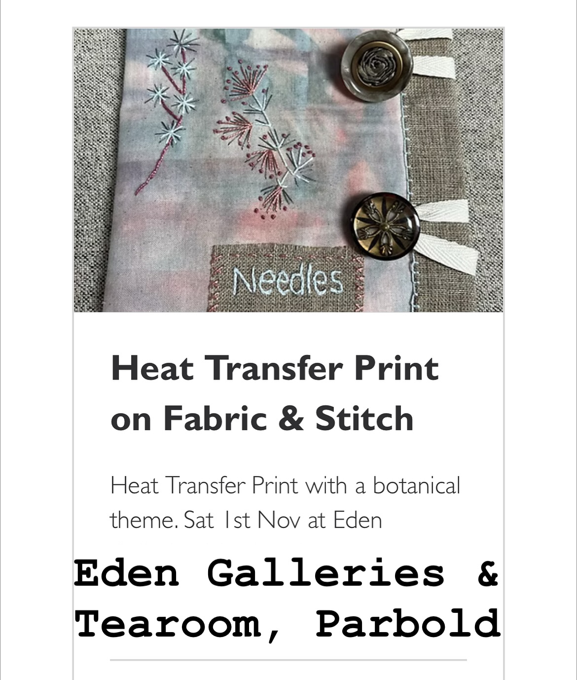 This came round quickly! On Saturday 1st November I will be returning to the beautiful arty space that is @eden_gallery_newburgh
Heat Transfer Printing is amazingly simple to do. First we paint (or splodge)and then we will transfer it to fabric. Then we will stitch, and decide on the use of the panel. All tuition and materials are included, just bring yourself.
You will receive a stack of varying lovely fabrics, and leave with lots of prints for future projects. So, if you would like to springboard lots of future projects in an achievable way, this workshop is for you.
Beginners are welcome, absolutely no experience is required for this process. Work alongside me to achieve lovely results.
Make sure to leave time to look around the gorgeous gallery and shop, and perhaps a cake in the tearoom.
@eden_workshops_newburgh
@eden_tearoom_newburgh
#heattransfer #printandstitch #stitching #parbold #wigan