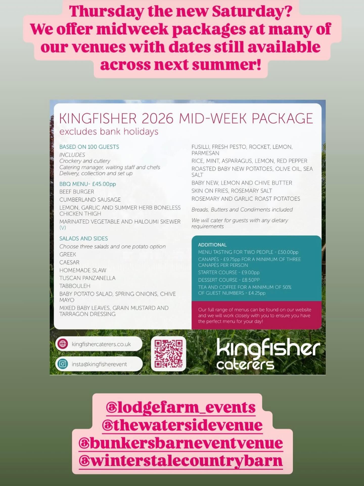 Mid week packages now available for 2026 & 2027! Contact us or our partner venues for more details! @lodgefarm_events @thewatersidevenue @bunkersbarneventvenue @winterstalecountrybarn #summerwedding #weddingcatering #outsidecatering #greatchefs #eventplanner #outdoorcatering #outdoorevents #tipiwedding #marqueewedding #corporatecatering #outsidewedding #catering #hertscatering #bedscatering #buckscatering #foodtastings #corporateevent#2026wedding #2027wedding