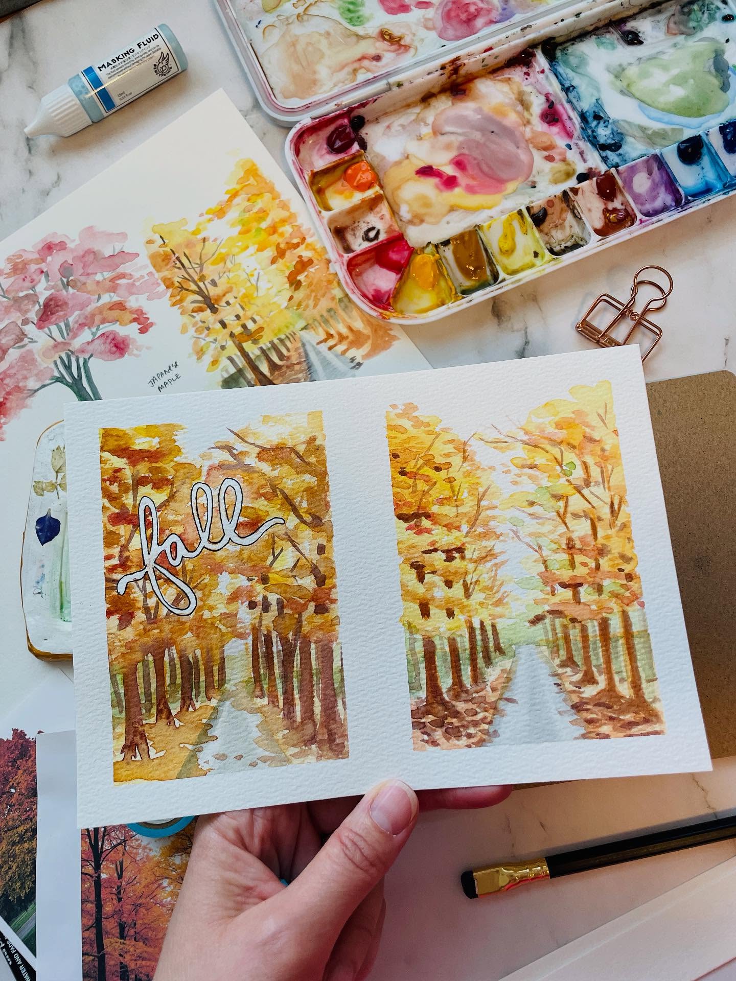 New tutorial coming soooooon…. 🤗
Another pretty fall painting is dropping on Friday for your fall painting collection. I’ve been having so much fun playing with the fall color palette and sharing my ideas with you all!
It’s finally starting to cool down here and so the leaves are slowly changing. Not quite as drastic as in this painting but pretty nonetheless.
In my midwestern hometown the tree colors are just gorgeous this time of year. Same on the East Coast!!
I lived in Boston for about 7yrs and fall was seriously the best season. My husband and I would do all the fall activities including eating apple cider donuts which are AMAZING!!
What’s your favorite thing about fall??
Also, where can I get apple cider donuts in the Bay Area????? 😋
#fall #watercolor #fallpainting #watercolorsketch #landaruenartshop #landaruenart #fallseason