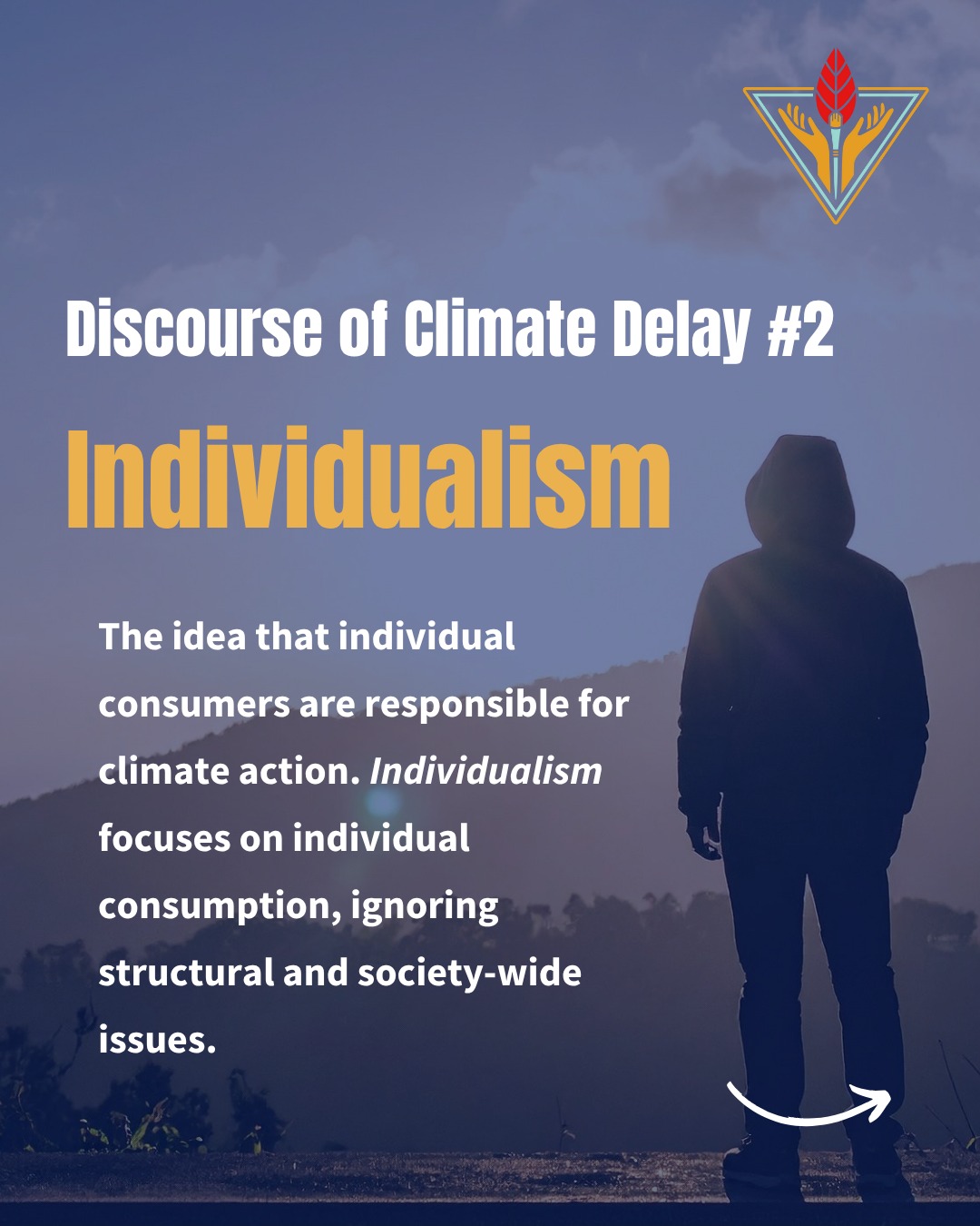 Part 2 of our 12 part series on the Discourses of Climate Delay! Individualism puts the burden of climate action on individuals, minimizing the role of larger institutions in climate change and climate solutions. Learn more by reading the full article, "Discourses of Climate Delay," in the Global Sustainability journal.
#ClimateSolutions #ClimateAction