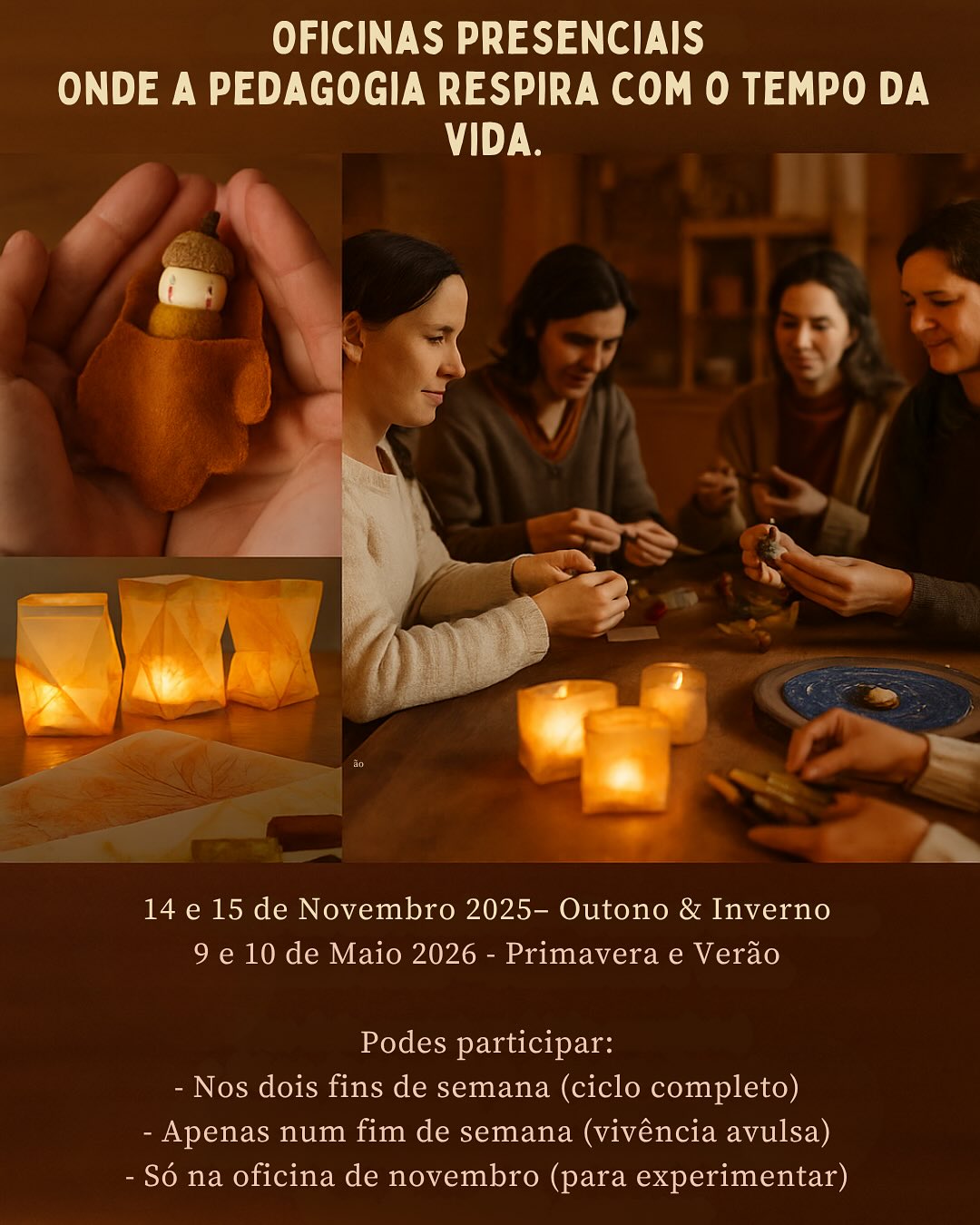 E se a tua prática pudesse respirar ao ritmo da Terra?
E se a tua presença pudesse enraizar-se num tempo mais vivo, mais lento, mais teu?
As oficinas da nossa Mentoria FloresSer são um espaço para educadoras que querem mais do que atividades bonitas: querem corpo, tempo e verdade na relação com as crianças.
São dois fins de semana presenciais por ano, para vivermos juntas as estações:
🍂❄️ 15 e 16 de Novembro 2025 — Outono & Inverno
🌸☀️ 9 e 10 de Maio 2026 — Primavera & Verão
Cantigas, rodas, manualidades, jogos de dedos, ritmo interior.
Mãos que aprendem com o tempo.
Corpos que reaprendem a educar com presença.
Podes participar:
- Nos dois encontros (ciclo completo)
- Só no de novembro, para experimentar
Horários:
- Sábado: 9:30 - 16:30
- Domingo: 9:00 - 12:00
EM LISBOA
E, se quiseres saber mais, escreve OFICINAS nos comentários.
Vem viver os ritmos do ano connosco.
Partilha esta publicação com quem educa com o coração 💛