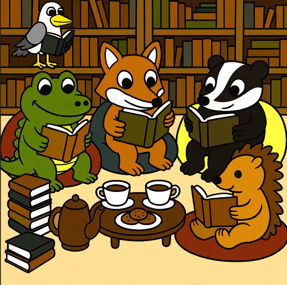 The Bristol Crocodile and his woodland friends decided to exercise their minds today and opted for a cosy library day instead of anything physical!📚☕️🍪
Surrounded by stories, tea, and biscuits. The perfect way to spend an autumn afternoon.
BristolCrocodile #ChildrensBooks #Bristol #ReadingTime #WoodlandFriends #Storytime #BookLovers #LibraryDay #KidsIllustration #CosyVibes #CrocodileAndFriends #BristolArt #PictureBook #BookhausBristol #AutumnReading