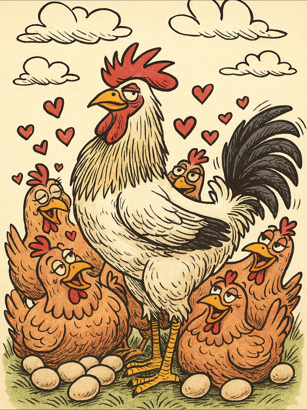 🐓 Meet Ragnar — the rooster who knows he’s a big deal.
I asked ChatGPT to turn Ragnar’s photo into a comical cartoon sketch, and it absolutely nailed it! What do you think?
Now… I can’t tell if the ladies are in overproduction because they’re swooning over Mr. Handsome himself or if they’re just getting their last big push in before the cold weather hits — but either way, we’re swimming in eggs!
🥚 9 dozen available — 7 unwashed, 2 washed.
If you need any, please let me know. Get ‘em while they’re (figuratively) hot — we’re officially drowning in eggs over here! 🐔💛