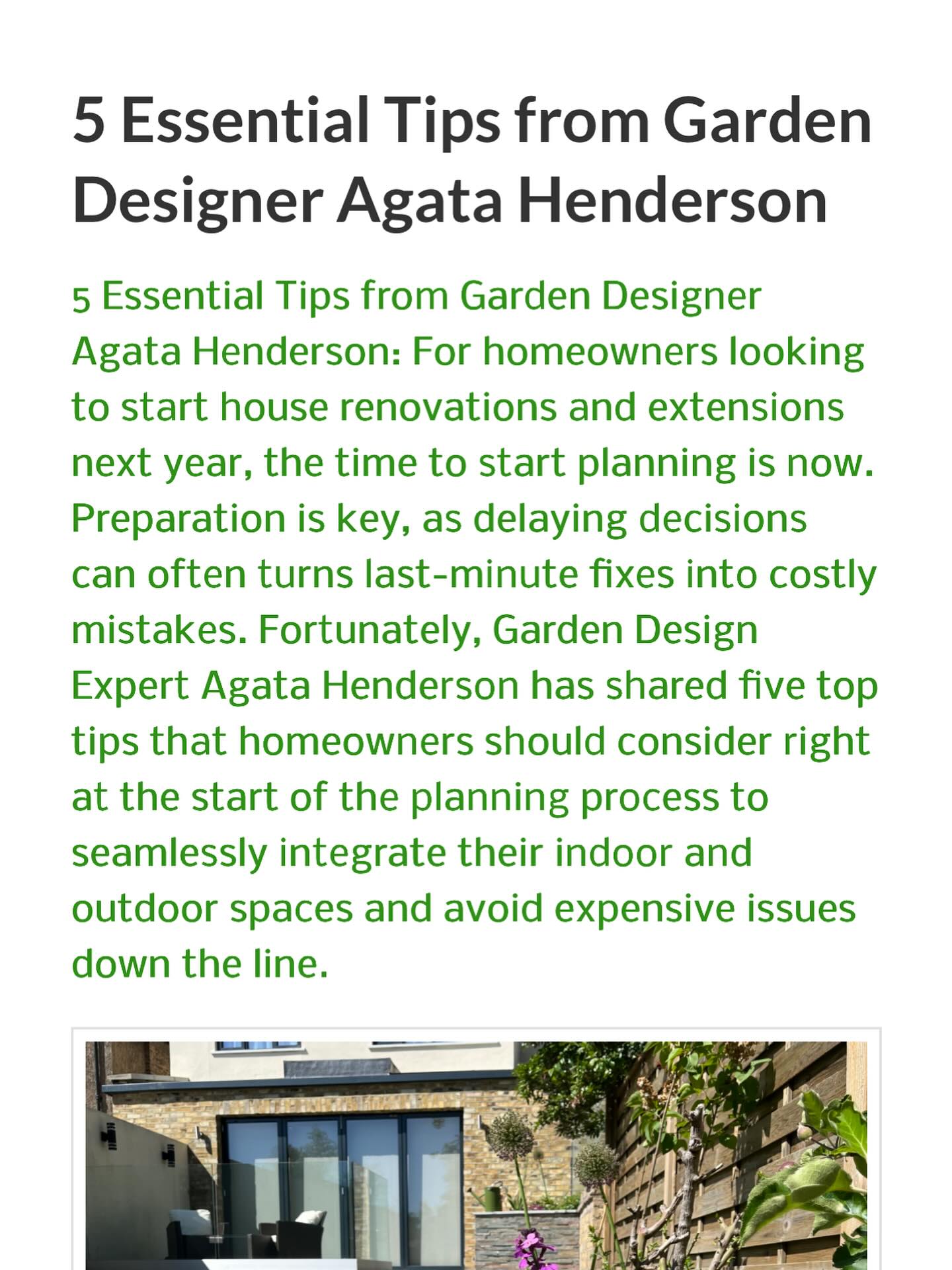 For anyone planning house extension, you might find my article in Landscaping Matters interesting. Just few tips to raise with your builder/architect/door supplier that will cost 5 minutes of your time but can save you a lot of money and hassle when planning your garden afterwards.
https://landscapingmatters.co.uk/5-essential-tips-from-garden-designer-agata-henderson/