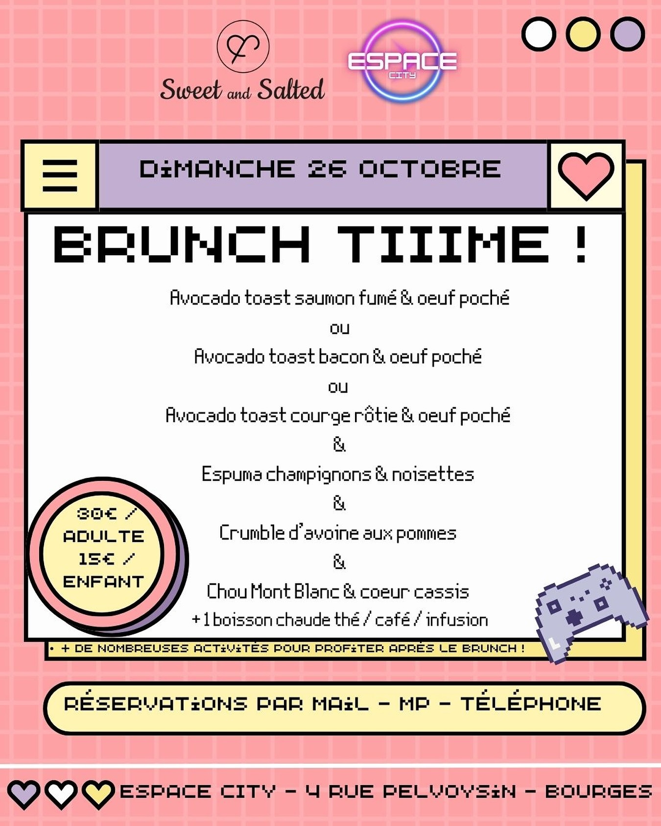Le dimanche 26 octobre, venez bruncher & jouer entre amis ou en famille à @espacecitybourges !
C’est super simple pour réserver :
🥇Vous choisissez votre avocado toast
🥈Vous choisissez votre heure d’arrivée
🥉Vous venez ! 🤗
Réservations par mail : marion@funow.com 📮
En MP 💌
Ou par téléphone : 02 48 16 31 16 ☎️
Après votre brunch, place à la détente vous pourrez profiter des activités de l’ @espacecitybourges : 🎙️Karaoké - 🥊Quizz Boxing - 👾jeux d’arcade - 🎱 Billard - ⚽️ Baby foot - 🎮Nintendo Switch 2 🟥🟨🟦🟩 & le célèbre Pixel game !
Tout est réuni pour prolonger ce bon moment avec vos proches, petits & grands! 🧩
Alors qu’est ce qu’on se dit ? Vivement dimanche prochain ! 🥰
#brunch #sweetandsaltedbourges #sweetandsalted #espacecity #jeux #brunchandgames #bourgescity #bourges #hellobourges #sortirabourges #berrylife #brunchtime #sundaybrunch #madeinberry #vacancesabourges