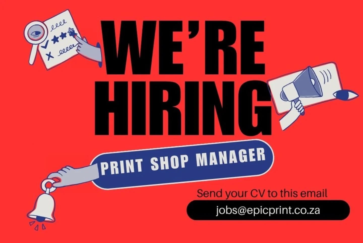 Join Our Creative Team at Epic Print!
Epic Print, a busy local print shop in Muizenberg known for quality, creativity, and personal service, is looking for a Print Manager to oversee day-to-day operations and support our growing team.
What We Offer
A dynamic, hands-on working environment
The opportunity to manage and design within a small, passionate team
A role where creativity meets practical production
The Ideal Candidate
Has solid graphic design experience and is confident using design software (Adobe Creative Suite or similar)
Brings proven print and production knowledge — from preparing artwork for print to managing finished products
Has their own transport and a valid driver’s licence
Possesses strong organisational and leadership skills
Is customer-focused, reliable, and has a positive attitude
Thrives in a fast-paced, creative workspace
Key Responsibilities
Manage the day-to-day running of the print shop
Design and prepare artwork for print and digital use
Oversee production and ensure top-quality output
Lead and support the team to maintain excellent service standards
Assist with marketing and help drive sales growth
If you’re a creative all-rounder with both design flair and print know-how, we’d love to hear from you!
📧 Send your two-page CV to jobs@epicprint.co.za