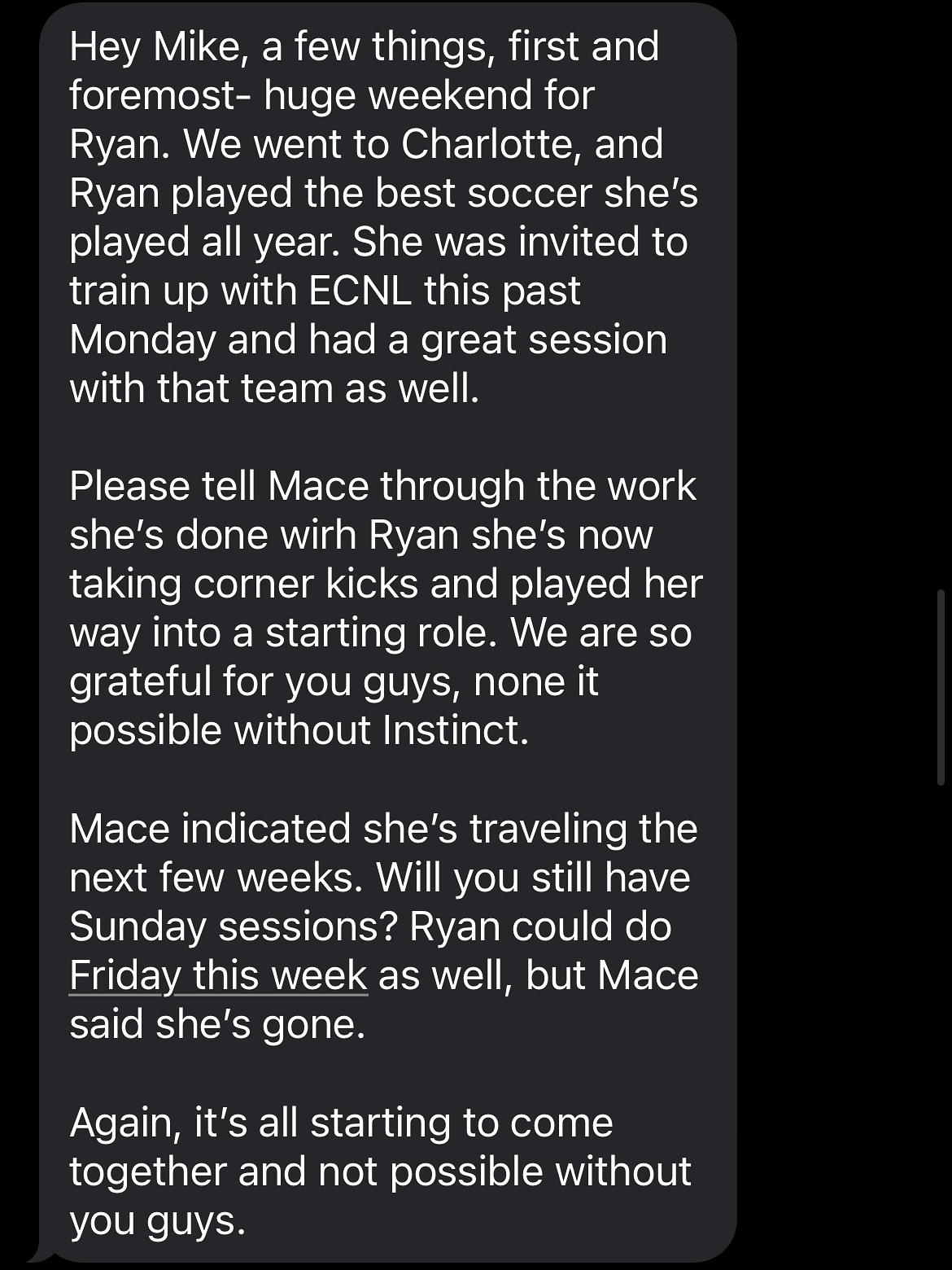 This is one of many messages we get from our athletes or their parents. This message is very special to us. Ryan started her Classic Career for a 2012 White team. Working extremely hard and remaining dedicated to her growth she made her NPL team and is now getting more opportunities to grow training with ECNL.
We continue to build, grow, and instill confidence in our athletes. NON STOP TO THE TOP! 💪🏼⚽
Proud of you kid 🔥
#instinctsocceracademy #instinctsoccertraining #growthmindset #hungry #motivated #girlssoccer #npl #ecnl