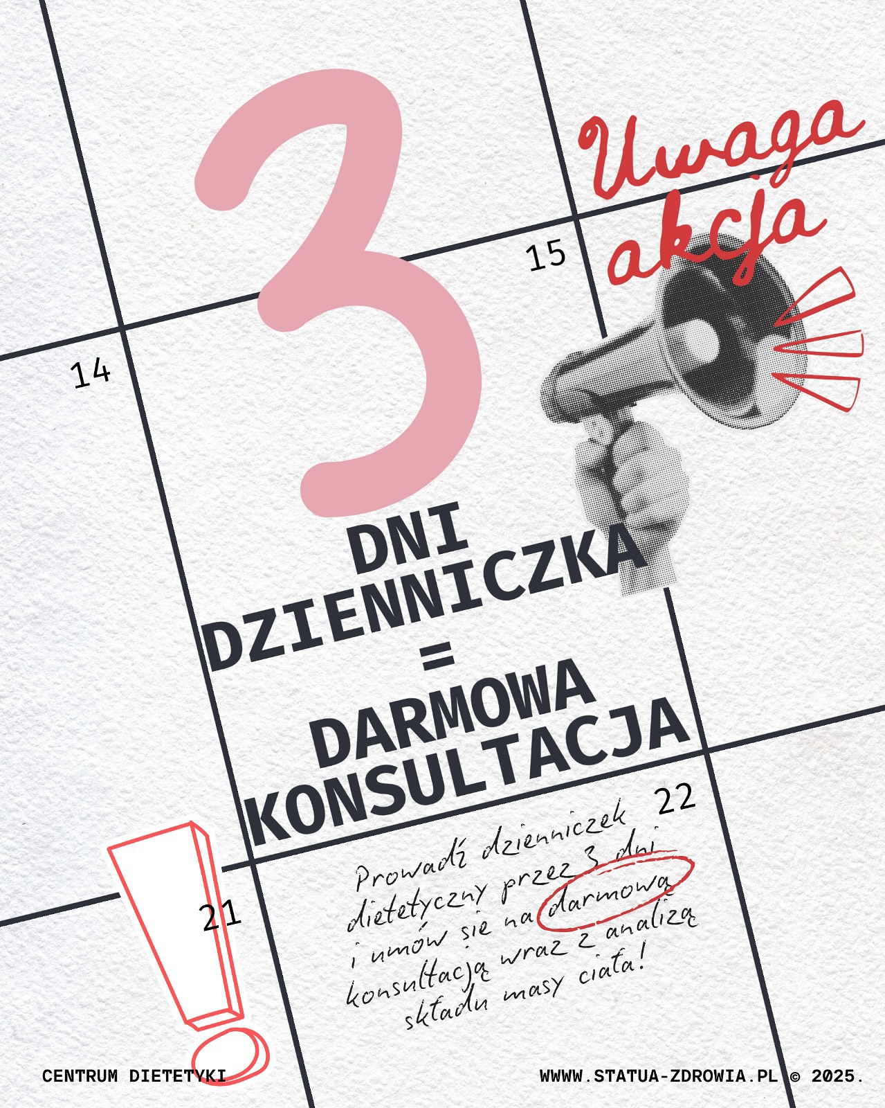 🍏 3 dni, które mogą zmienić Twoje podejście do jedzenia!
Dołącz do naszej szybkiej akcji z dzienniczkiem żywieniowym 📝
Przez 3 dni zapisuj wszystko, co jesz (na kartce, w telefonie albo w gotowym szablonie, który pobierzesz z naszej strony www.statua-zdrowia.pl).
Po tym czasie zapraszam Cię na krótką, darmową konsultację, podczas której:
✅ wykonam analizę składu ciała
✅ omówimy Twój dzienniczek i pierwsze kroki do zmian
A jeśli zdecydujesz się tego dnia na współpracę-
💥 otrzymasz 100zł zniżki na pierwszą wizytę!
To prosty sposób, żeby sprawdzić, gdzie jesteś i od czego zacząć.
Zrób pierwszy krok już dziś 💚 a jeśli sam nie możesz skorzystać z akcji, powiedz o tej szansie bliskim 🫱🏽🫲🏾
📞 884-641-338
#dietetyk #dzienniczekżywieniowy #analizaskładuciała #zdrowejedzenie #zdrowenawyki #centrumdietetyki #zdrowie #dietetyklubin #statuazdrowialubin #centrumdietetykilubin #miastolubin #lubin
*Ilość miejsc ograniczona