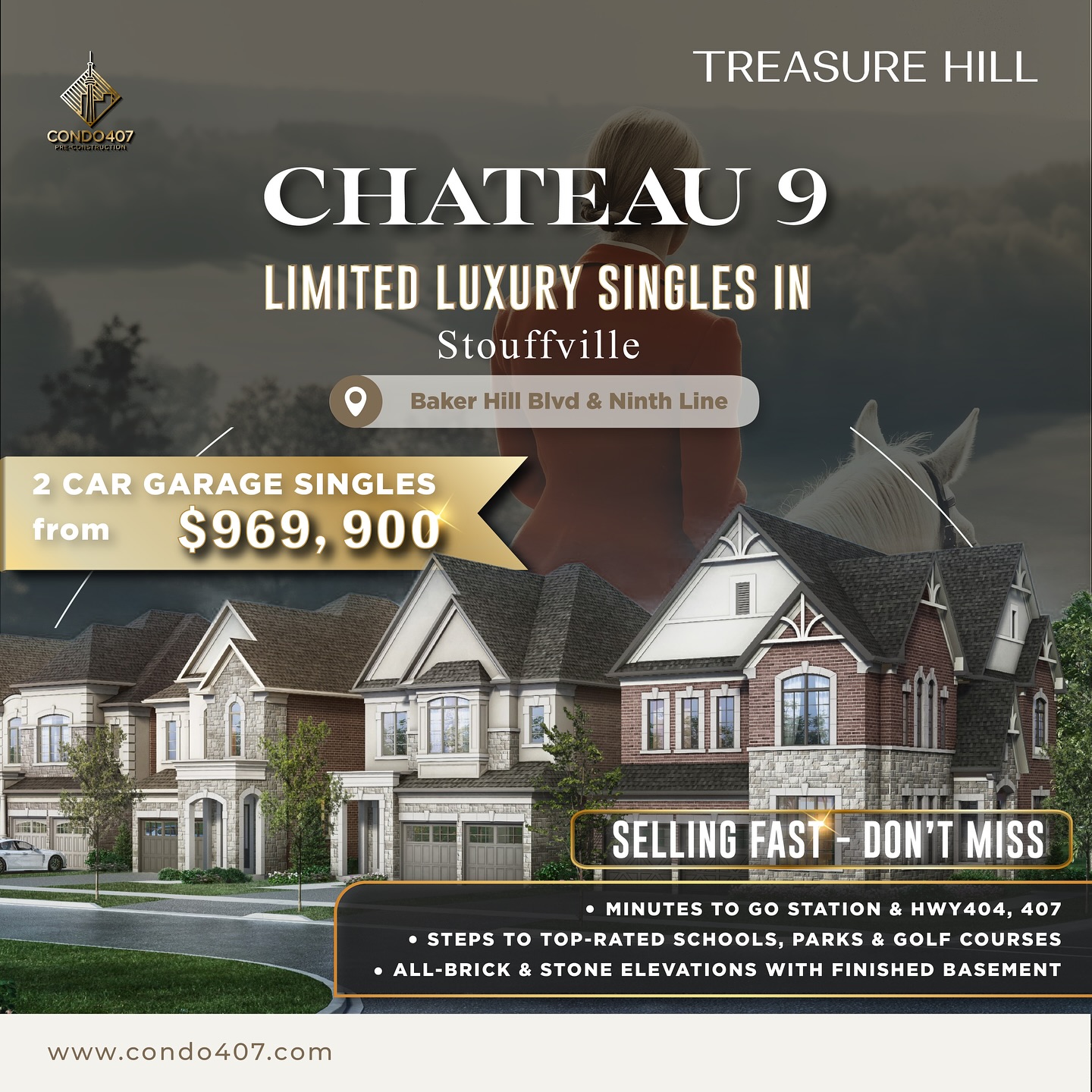 🏠 Chateau 9 – 2-Car Garage Singles in Stouffville by @treasurehillhomes | NOW SELLING
📍 Baker Hill Blvd & 9th Line, Stouffville
💰 From $969,900
Highlights
* 🚘 2-Car Garage detached on 32′–40′ lots
* 🛏️ 4-bed plans, thoughtfully curated, up to ~3,800 sf
* 🧱 All brick & stone elevations
* 🛁 Finished basements included
* ⬆️ 9′ ceilings on main & second floors
* 🤖 Genius™ smart-home
* 🌳 Picturesque setting in the heart of Stouffville
* 🏡 1–2 bedroom bungalows available
* 📉 Capped DCs: $0(as provided)
* 🚆 Close to GO Station, minutes to Hwy 404 & 407, schools, parks & golf
📢 Now Selling – First Release Today. Worksheets welcome.
📢 Register today & don’t miss this opportunity!
📩 CONTACT ME NOW TO LEARN MORE:
☎️ 416.856.1997
☎️ 416.879.6118
📧 info@condo407.com
🌐 www.condo407.com
#chateau9 #TreasureHillHomes #TreasureHill #stouffville
#OntarioRealEstate #RealEstateAgent #RealEstateCanada #RealEstateInvesting #SpaciousLiving #TorontoHomes #TorontoLuxuryHomes #condo407