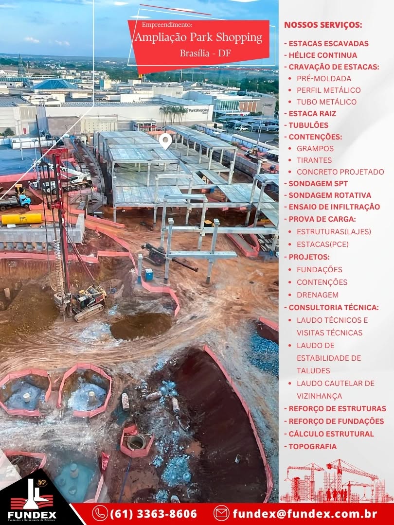 🚧 Ampliando horizontes com engenharia de qualidade!
Na obra de ampliação do Park Shopping – Brasília/DF, a Fundex Fundações executa a fundação com estacas em hélice contínua, garantindo precisão e desempenho.
💪 Já concluímos a etapa de cravação de estacas metálicas com bate-estaca e seguimos firmes na execução das contenções com tirantes, reforçando a segurança e estabilidade da estrutura.
🔩 Fundex Fundações — solidez que sustenta grandes projetos.
#FundexFundações #EngenhariaCivil #Fundações #HéliceContínua #EstacasMetálicas #BateEstacaHidráulico #ConstruçãoCivil #ParkShopping #BrasíliaDF #obras