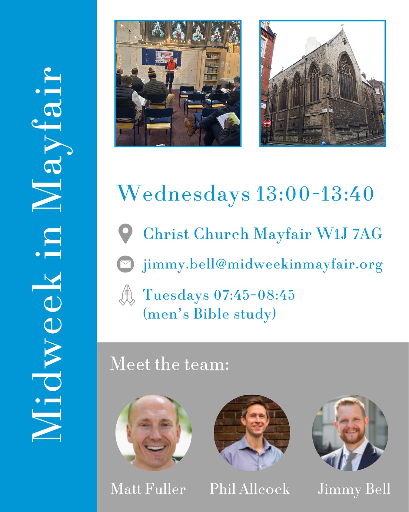 Lunchtime Talk Tuesdays! Find out whatās going on across central London with our series introducing you to a different talk each week.
Midweek in Mayfair
A lunchtime meeting on Wednesdays, in the heart of Mayfair. Our aim is to explain the gospel of Jesus Christ, to connect our faith with our work and to encourage one another as we do this. We welcome people from any background and at any stage of understanding ā whether youād call yourself a Christian, or youāre simply interested in finding out more about the Christian faith.
Join us next week (5 November) after the half term break as we continue a series called Challenging Questions from the book of Malachi.
Weād love to meet you!
ā Wednesdays 13:00-13:40
šChrist Church Mayfair W1J 7AG
āļø jimmy.bell@midweekinmayfair.org
š Menās bible studies on Tuesdays 07:45-08:45
š midweekinmayfair.org
Follow on LinkedIn: Midweek in Mayfair
#mayfair #lunchbreak #bible #christianity #london #gospelatwork #faithatwork