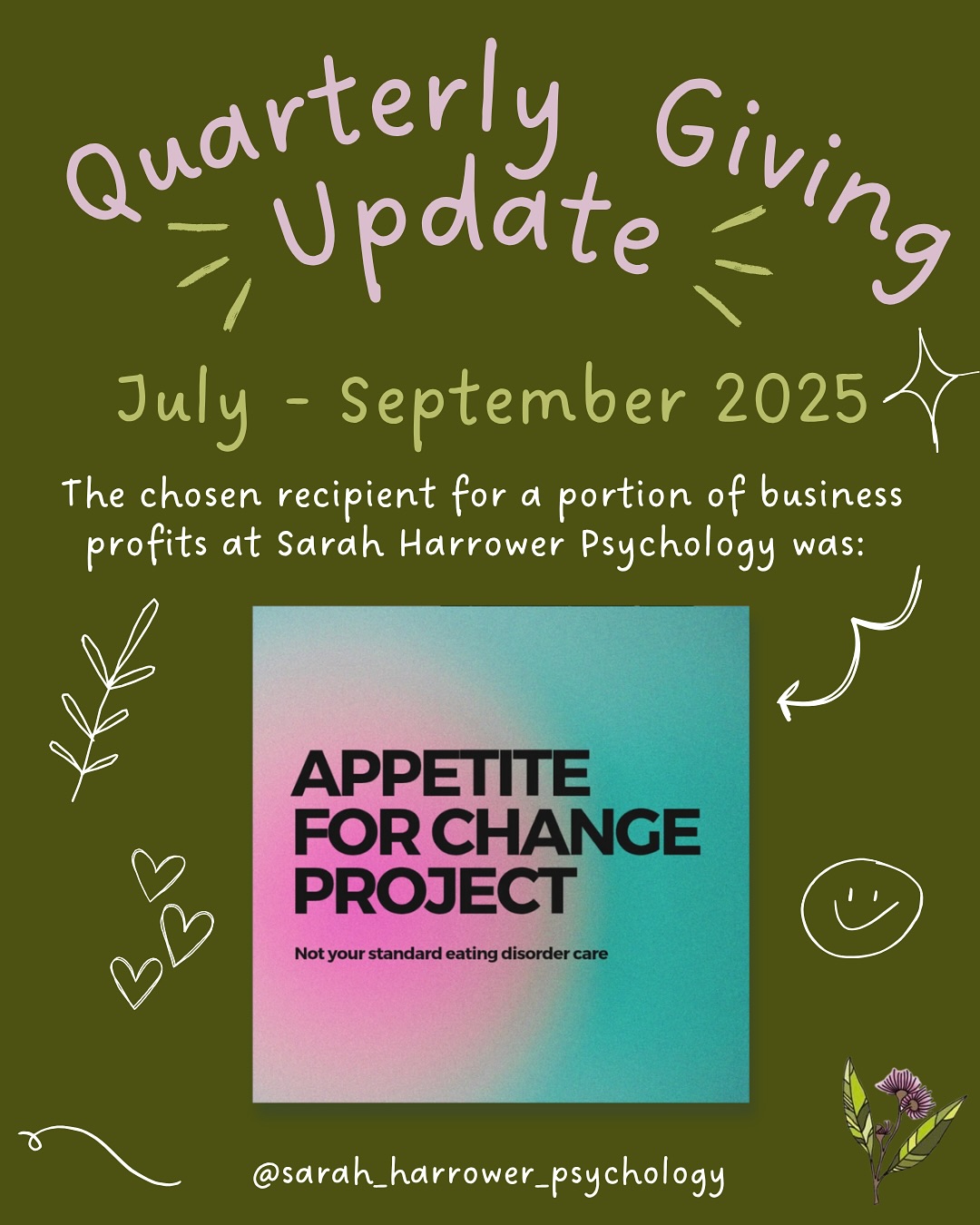Every few months, I choose a community org to support through my business profits. 💚
For last quarter (July–Sept 2025), I chose to support @appetite_for_change_project, a collective offering eating disorder care that’s accessible, anti-oppressive, and grounded in lived experience.
Their work aligns with my values around body and neurodiversity, community care, and challenging systemic harm.
You can read more about my giving policy at sarahharrower.com/giving-policy
#NeuroaffirmingPractice #PsychologistsForChange #CommunityCare #EthicalBusiness #appetiteforchangeproject