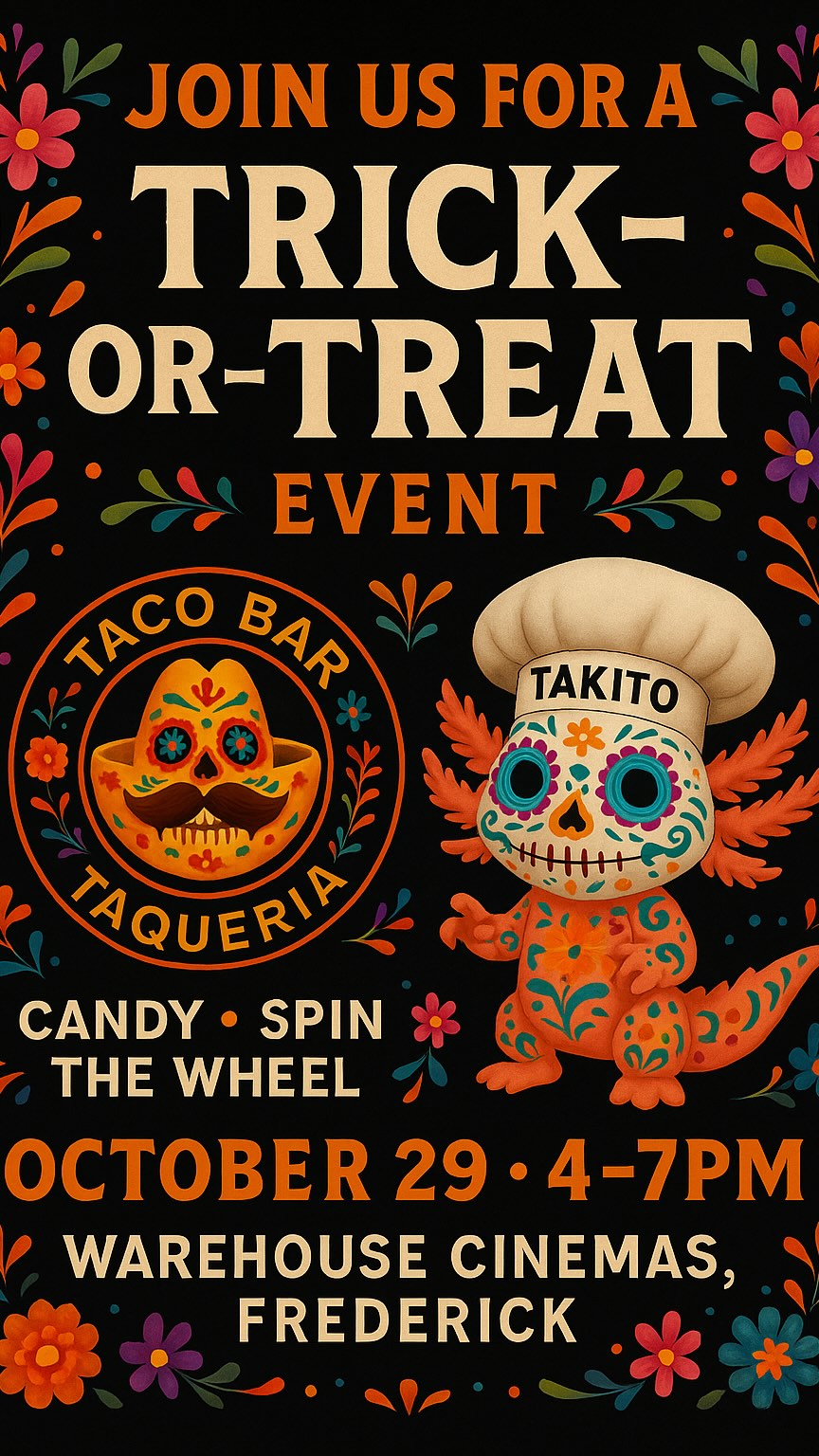 Catch us at the Trick or Treat Festival! 🎃
Candy, prizes, and Día de los Muertos vibes with Taco Bar & Takito 🌮💀
📍 Warehouse Cinemas, Frederick
🗓️ Oct 29 • 4–7PM
💲 $2 Entry – Benefits City Youth Matrix #díademuertos #halloween #festival #celebration #frederick #goldenmile