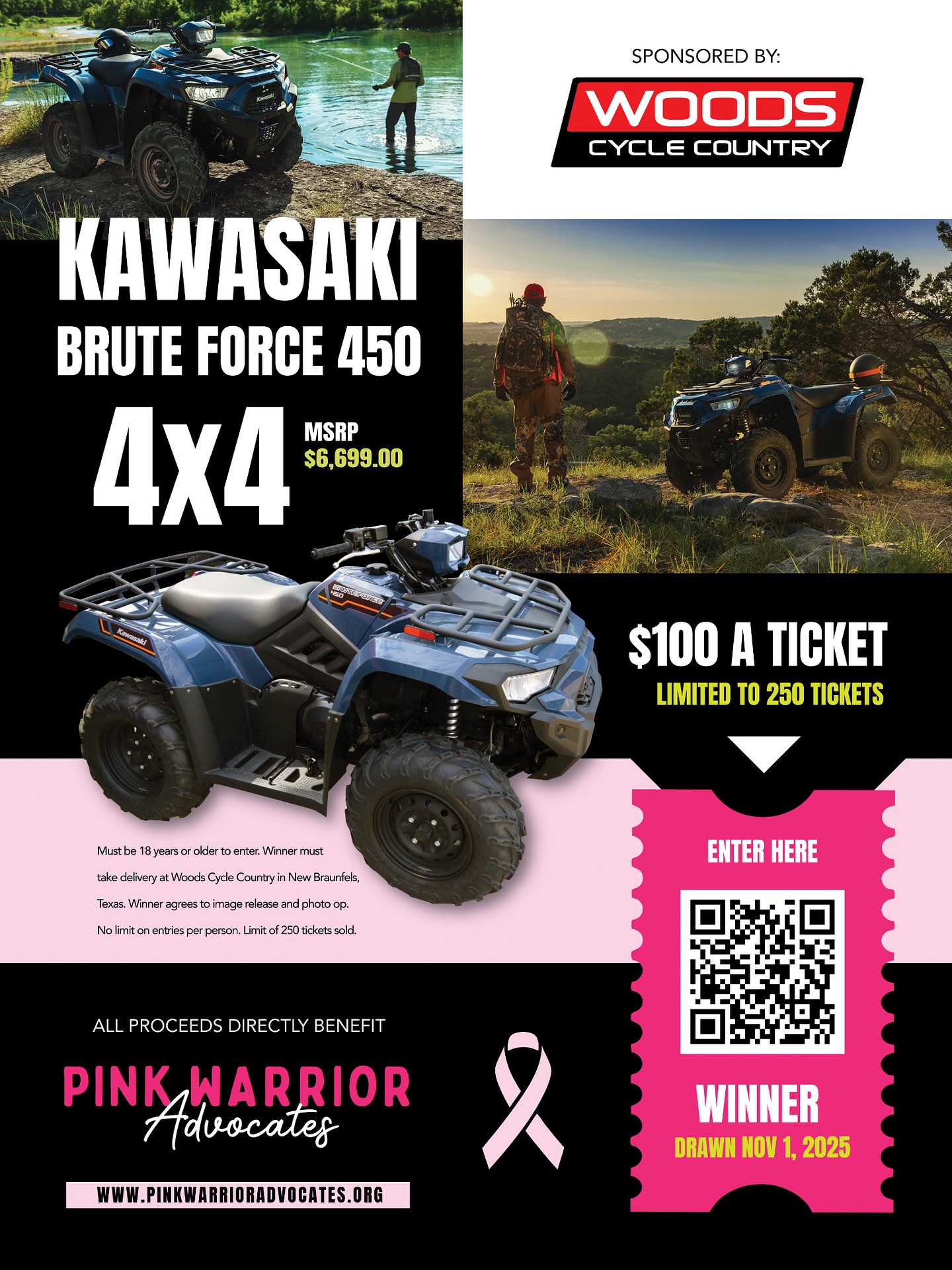 Last Chance to Win a Kawasaki 4x4!
There is only one week left to grab your raffle tickets for a chance to win a Kawasaki 4x4 — and support local breast cancer warriors at the same time!
Every ticket helps fund vital programs like financial aid, emotional support, and resources for warriors across the Texas Hill Country.
Don’t wait — the raffle drawing will be on November 1, 2025! Get your tickets today and help make a difference while scoring a shot at this fun ride.
🎟️ Purchase tickets at: www.pinkwarrioradvocates.org/4x4
#woodscyclecountry #kawasaki #4x4 #bruteforce #giveaway #hunting #outdoors #texas #hillcountry
