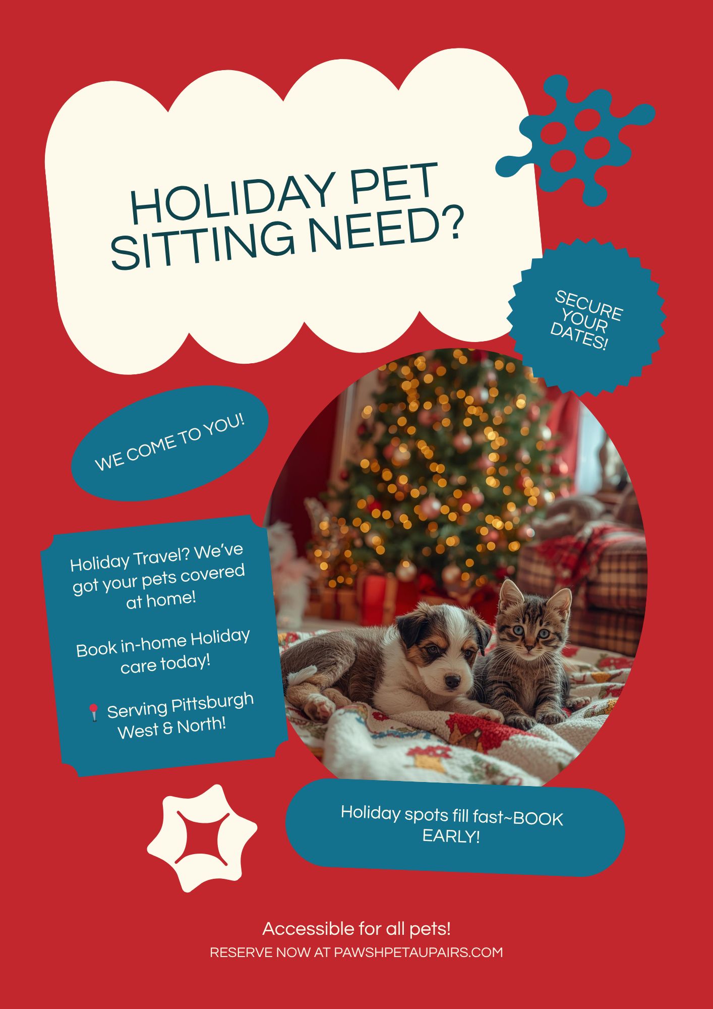 Heading out for the holidays? 🎄
Keep your pets cozy, cared for, and right at home! 🐾
Pawsh Pet auPairs offers in-home pet sitting — no kennels, no stress, just love and comfort.
💻 Reserve your holiday dates now before we book up: Link in Bio
#PittsburghPets #HolidayPetSitting #InHomeCare #PawshPetauPairs #PetLoversPittsburgh