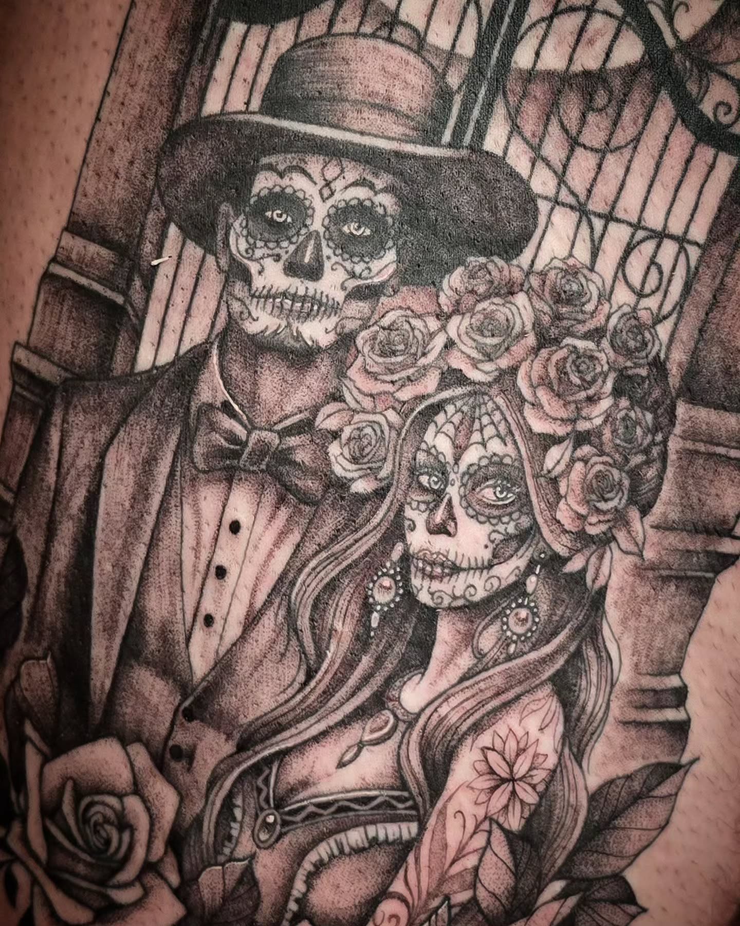 ð Day of the dead couple finished for David! Linework all healed, just added the shading today ðĨ°
.
.
.
#tattoo #art #design #dayofthedead #mexican