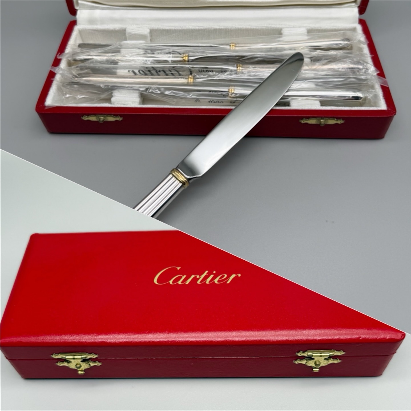 Cartier 6 couteaux à entremets modèle « Maison du Prince » en métal argenté .
Modèle crée en 1988 .
Longueur : 19 cm
A l’état neuf encore sous blister.
Chaque couteaux est signé Cartier dans un cartouche doré .
Dans leur écrin d’origine .
Idéal pour réassort ou pour un mélange de couverts très tendance actuellement.
🛒 prix et disponibilité dans la boutique en ligne .
#cartier #maisoncartier #artdelatable #argenterie #couteaux #knives #maisonduprince #décoration #elegance #raffinement #antiquites #misslittlebottle