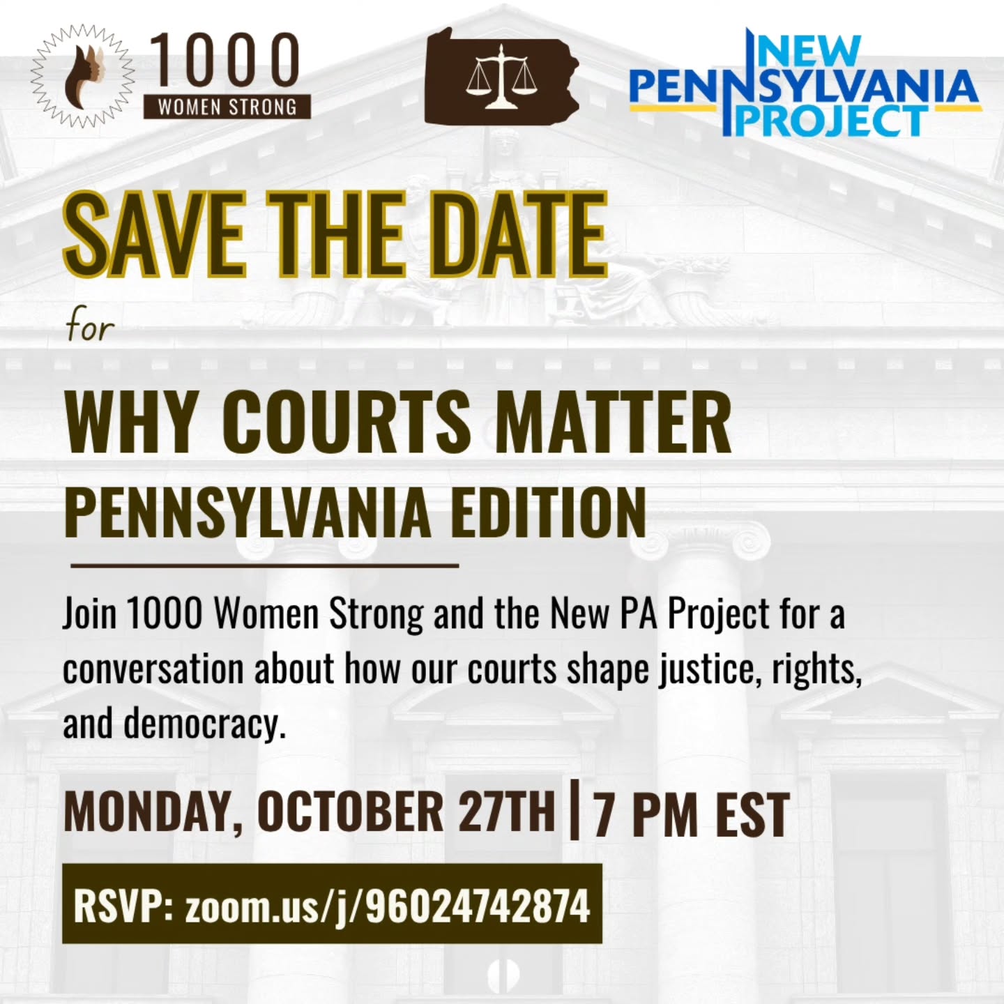 As we wait to see how the Voting Rights Act is upheld or dismantled, join us next Monday, October 27th, as we partner with @newpennsylvania to really break how our courts work, for us and democracy.
Register today 📍
#1KWS #WhyCourtsMatter #NewPennsylvaniaProject #CivicEngagement #DemocracyDefenders #JusticeMatters
Image description:
Save The Date for Why Courts Matter Pennsylvania: Edition. Join 1000 Women Strong and the New PA Project for a conversation about how our courts shape justice, rights and democracy.
Monday, October 27th 7 PM EST
RSVP: zoom.us/j/96024742874