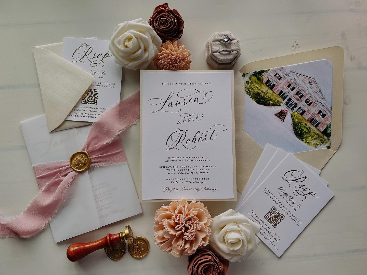 Swipe through to see details of this gold foil pressed invitation suite that was designed for a wedding at the beautiful @tatehouse in Georgia. The invitation features a whimsical bouncy script paired with our signature watercolor painting of the venue for the envelope liner. Wrapped in a translucent vellum jacket, tied with a soft pink frayed silk ribbon, and sealed with a shimmering gold wax seal, every detail feels thoughtful and romantic. The suite is finished with a shimmering ivory backing layer for added depth and a polished look.