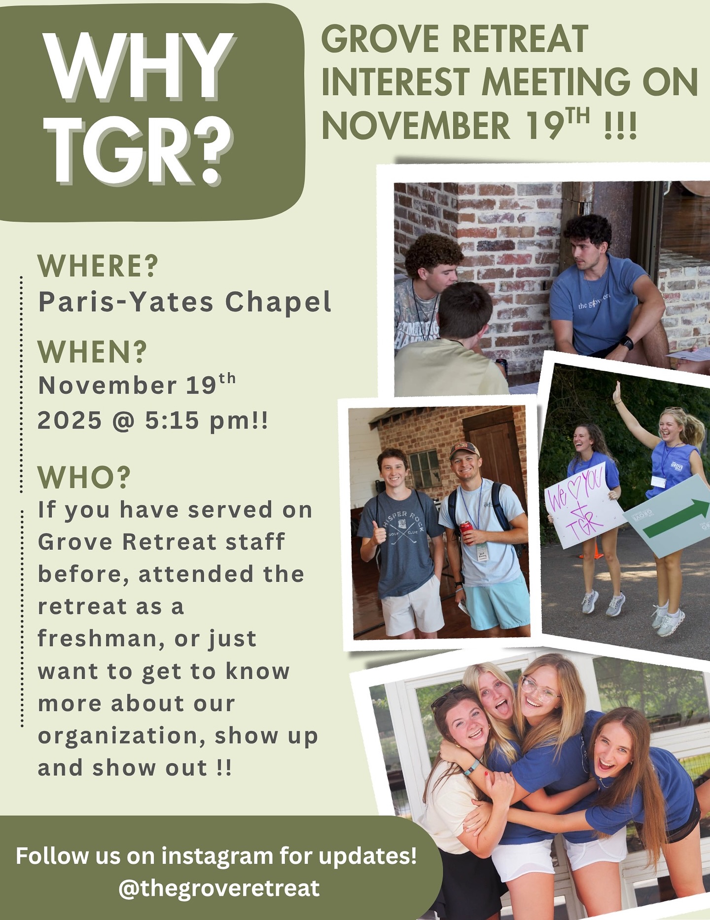 TGR 2026 IS CALLING!!🤙🏻🤙🏻
Whether you have served before or are interested in pouring into freshmen and transfers, join us for our Interest Meeting on November 19th at 5:15 PM in Paris-Yates Chapel!! we would love to see you there!!
